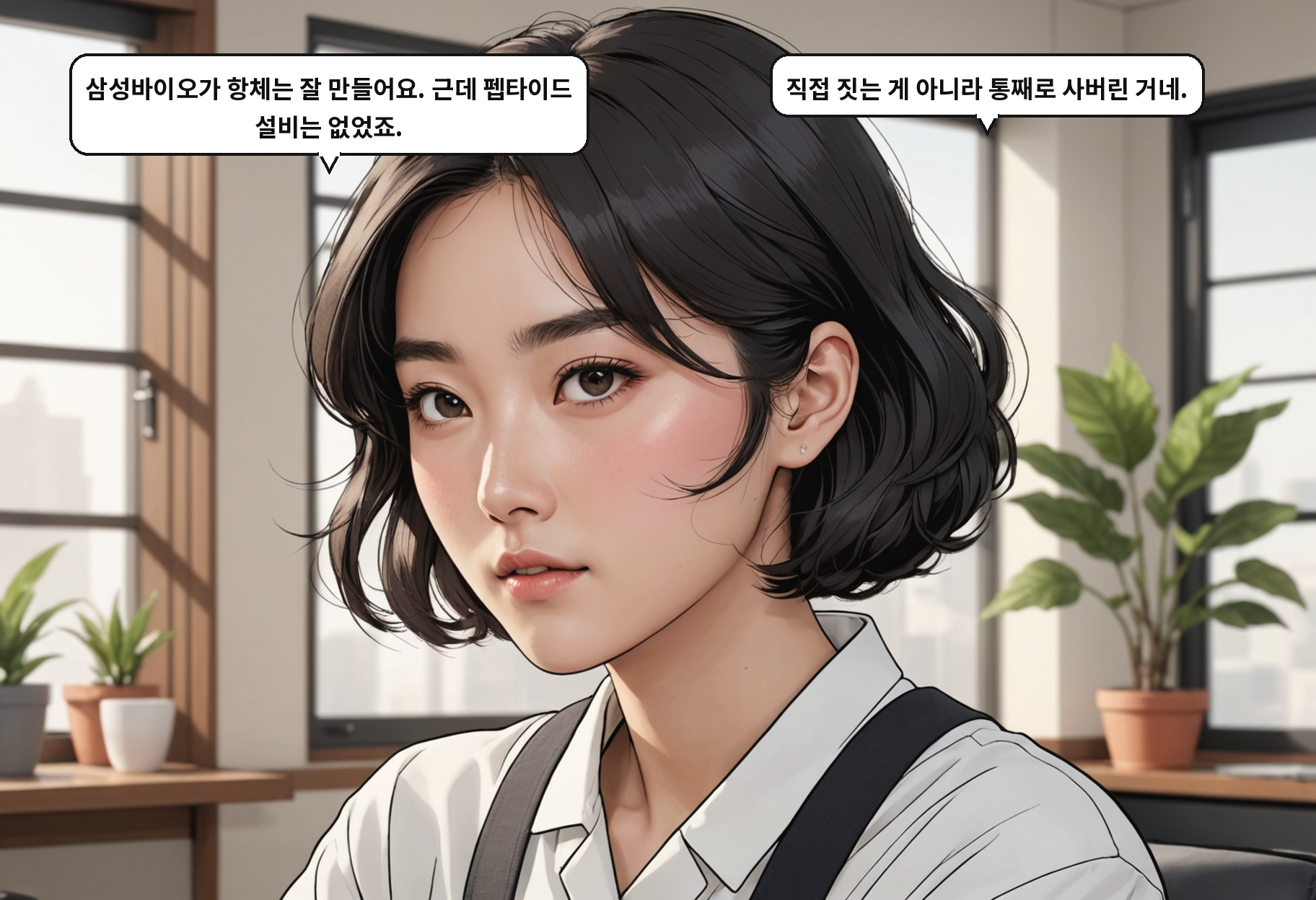 A: 삼성바이오가 항체는 잘 만들어요. 근데 펩타이드 설비는 없었죠. B: 직접 짓는 게 아니라 통째로 사버린 거네.