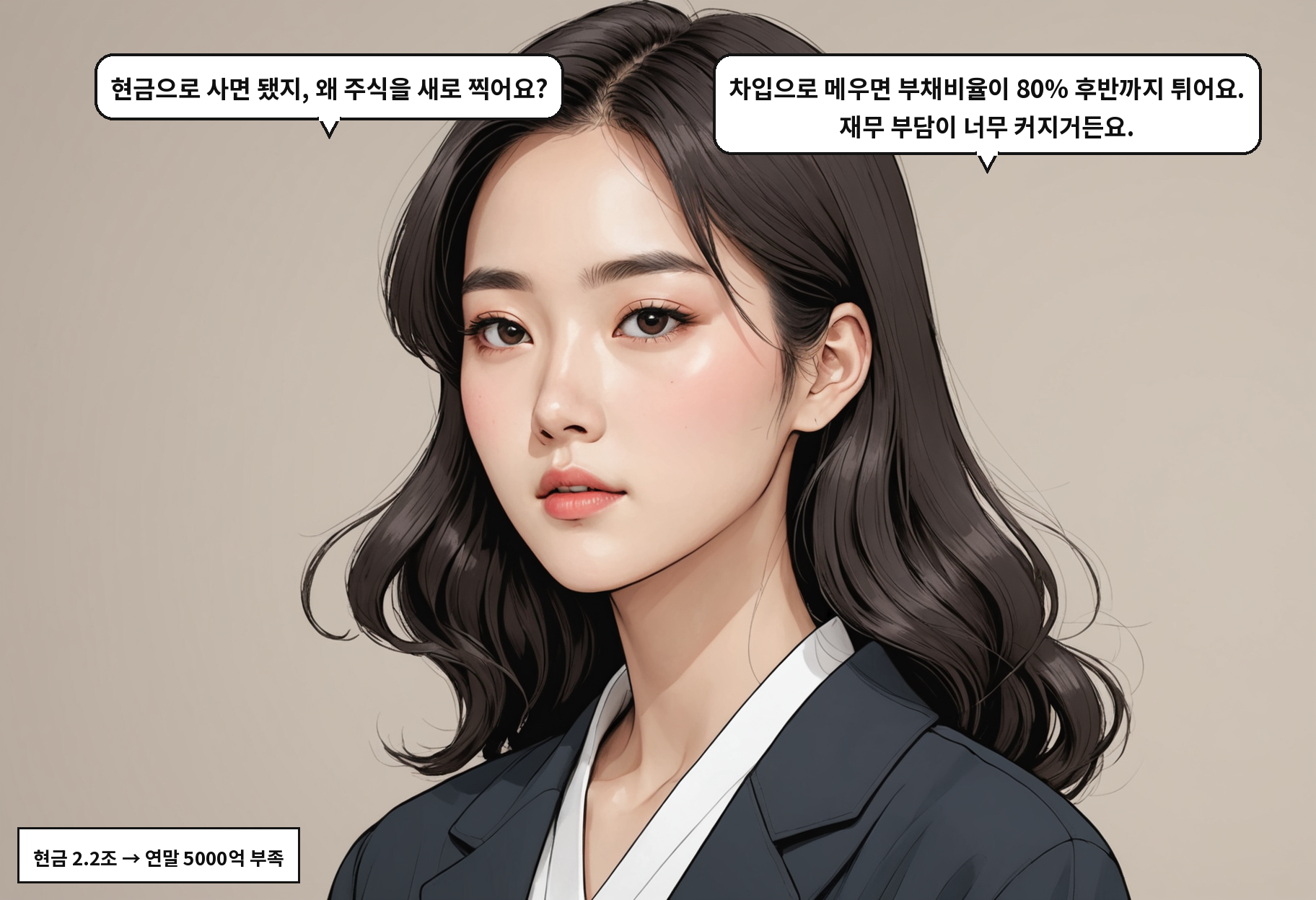 B: 현금으로 사면 됐지, 왜 주식을 새로 찍어요? A: 차입으로 메우면 부채비율이 80% 후반까지 튀어요. 재무 부담이 너무 커지거든요.
