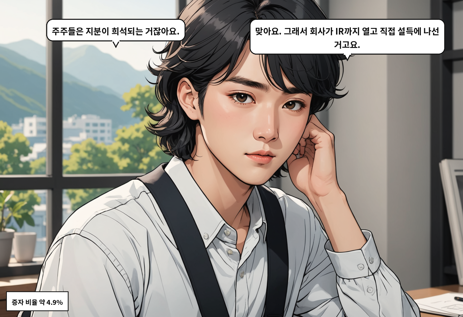 B: 주주들은 지분이 희석되는 거잖아요. A: 맞아요. 그래서 회사가 IR까지 열고 직접 설득에 나선 거고요.