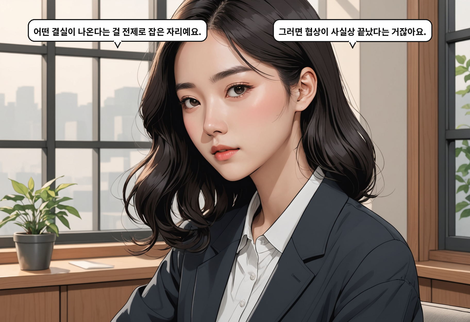 A: 어떤 결실이 나온다는 걸 전제로 잡은 자리예요. B: 그러면 협상이 사실상 끝났다는 거잖아요.