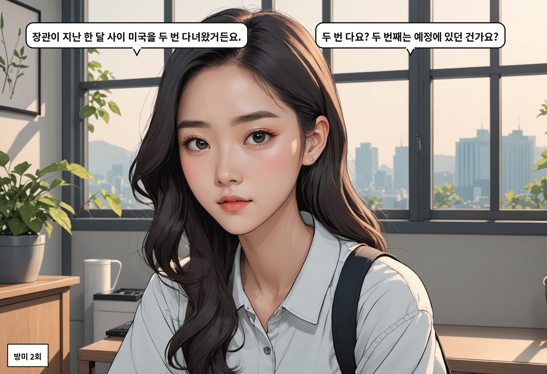 A: 장관이 지난 한 달 사이 미국을 두 번 다녀왔거든요. B: 두 번 다요? 두 번째는 예정에 있던 건가요?