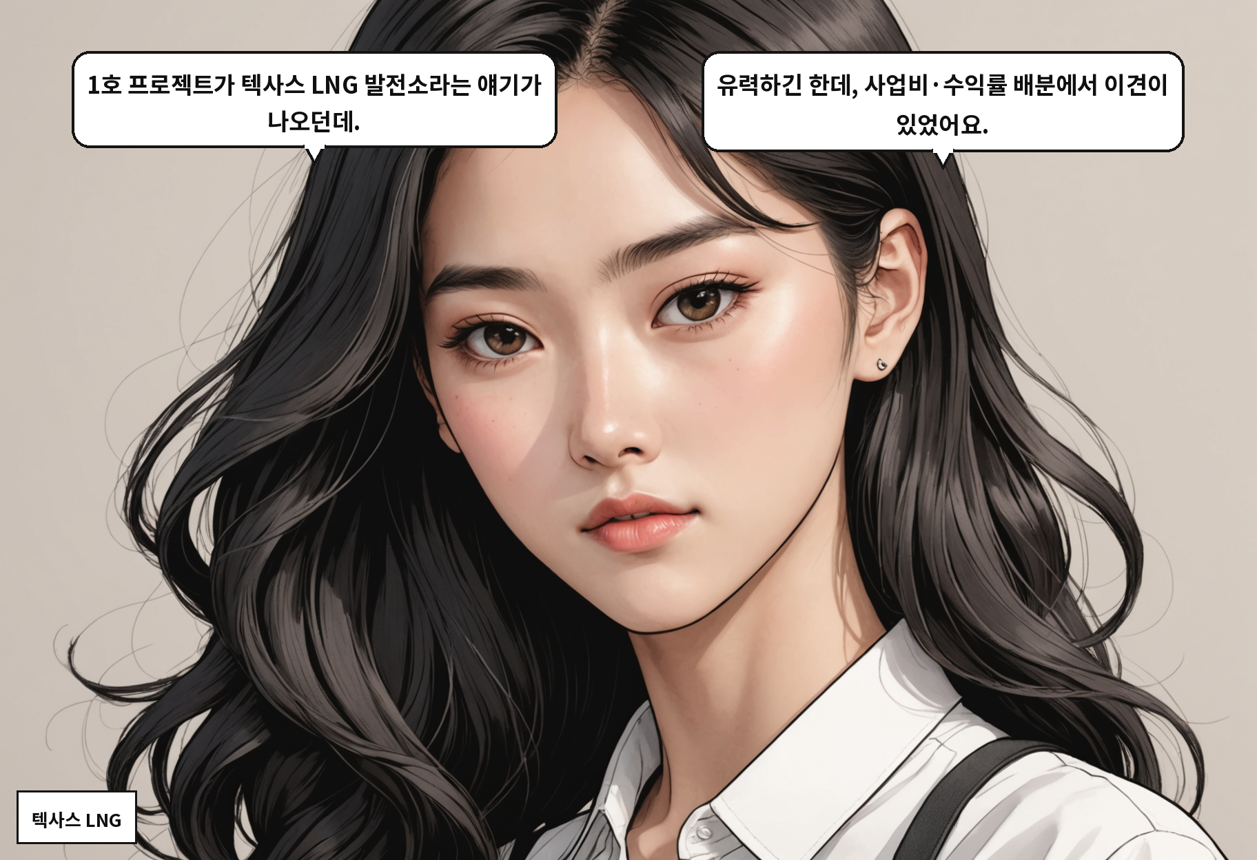 B: 1호 프로젝트가 텍사스 LNG 발전소라는 얘기가 나오던데. A: 유력하긴 한데, 사업비·수익률 배분에서 이견이 있었어요.