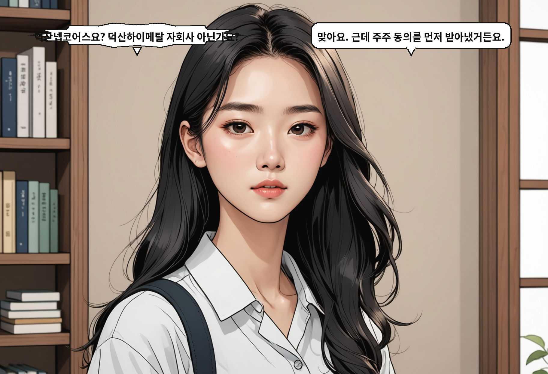 A: 덕산넵코어스요? 덕산하이메탈 자회사 아닌가요? B: 맞아요. 근데 주주 동의를 먼저 받아냈거든요.