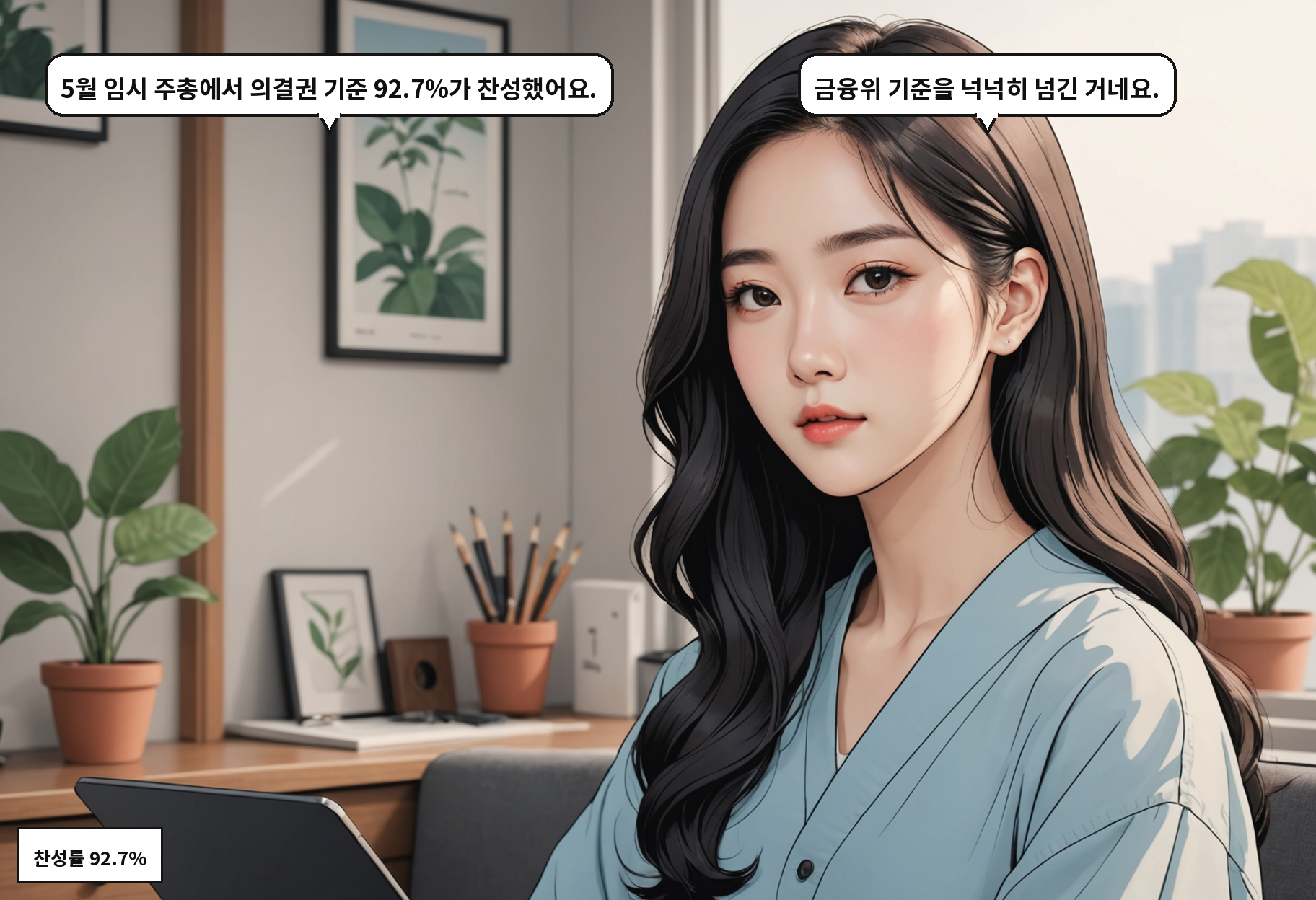 B: 5월 임시 주총에서 의결권 기준 92.7%가 찬성했어요. A: 금융위 기준을 넉넉히 넘긴 거네요.