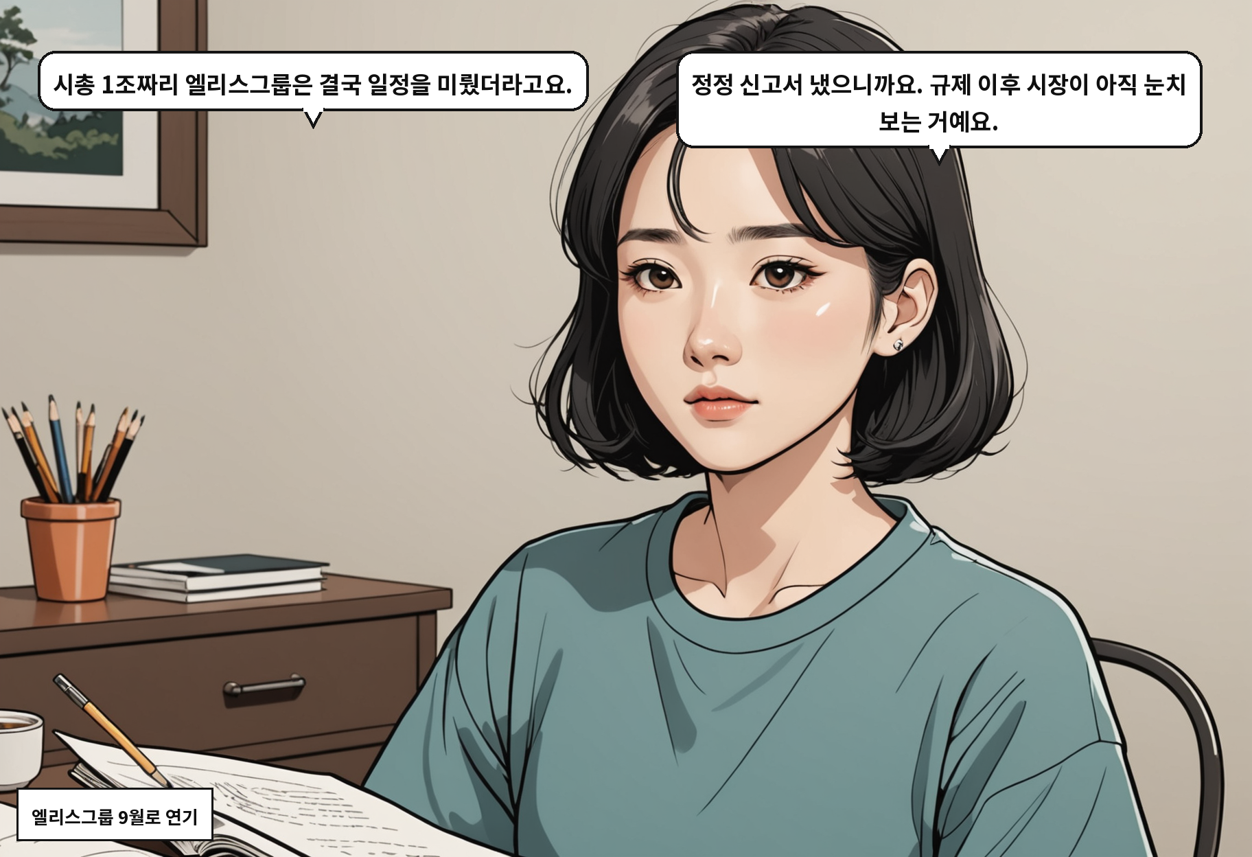 A: 시총 1조짜리 엘리스그룹은 결국 일정을 미뤘더라고요. B: 정정 신고서 냈으니까요. 규제 이후 시장이 아직 눈치 보는 거예요.