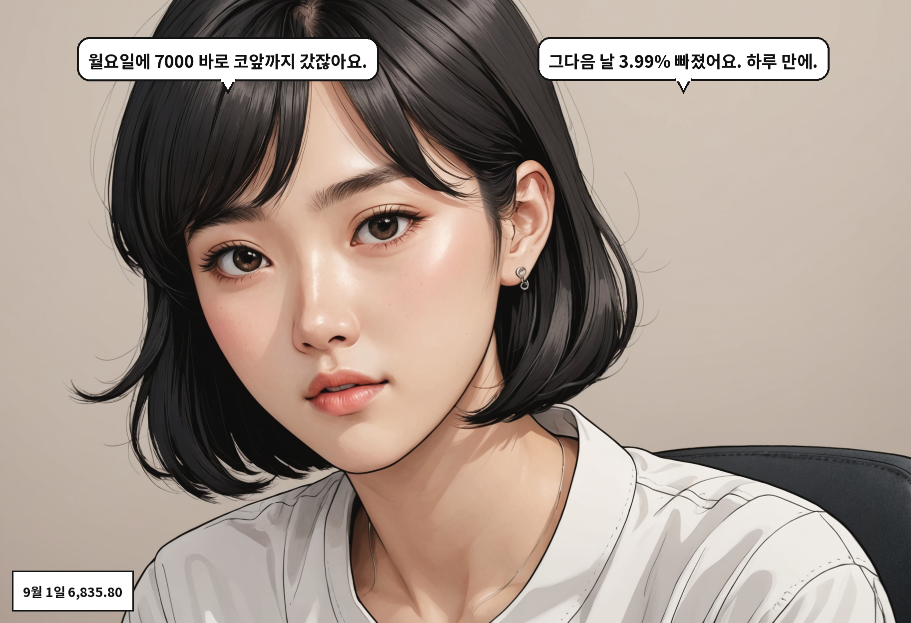A: 월요일에 7000 바로 코앞까지 갔잖아요. B: 그다음 날 3.99% 빠졌어요. 하루 만에.