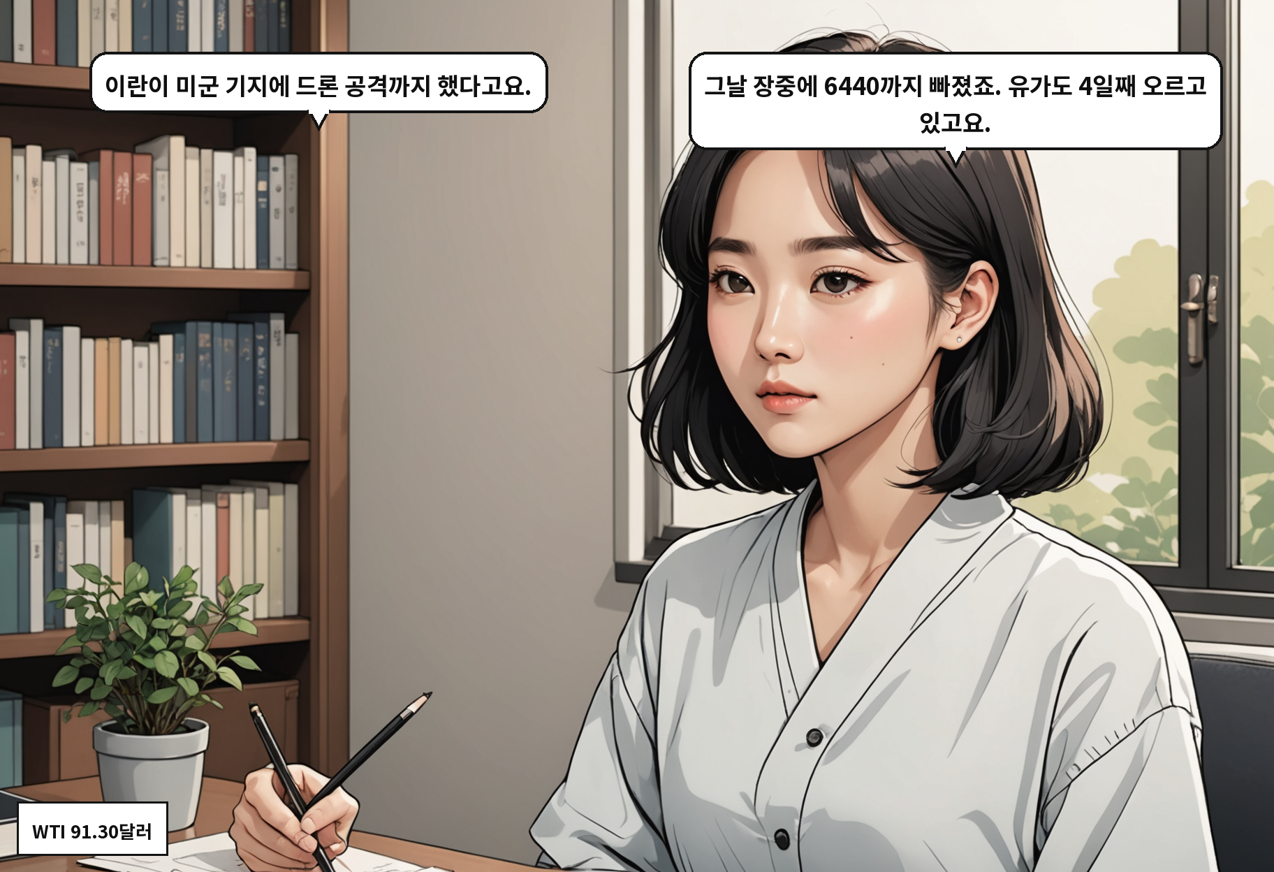 A: 이란이 미군 기지에 드론 공격까지 했다고요. B: 그날 장중에 6440까지 빠졌죠. 유가도 4일째 오르고 있고요.