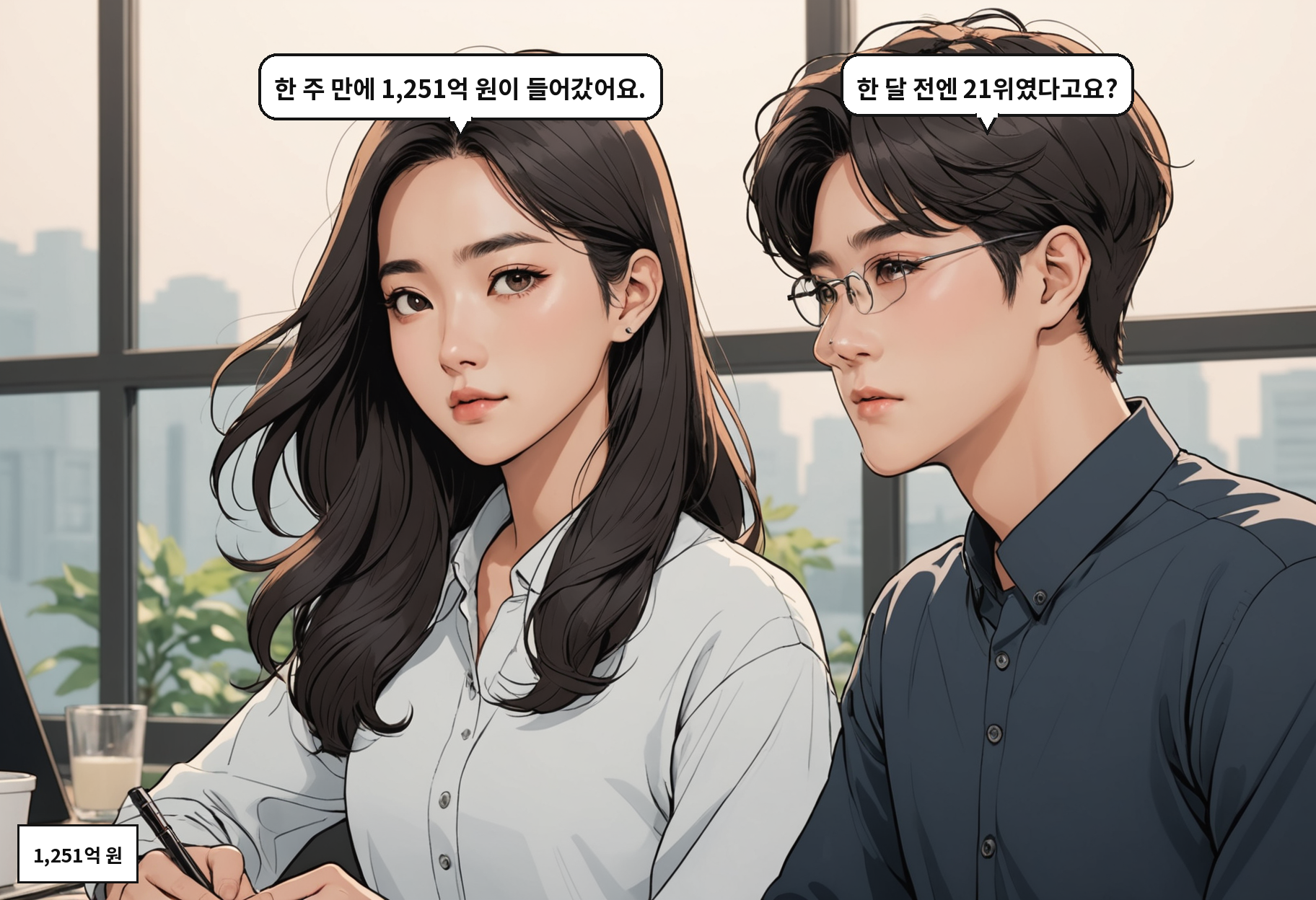 B: 한 주 만에 1,251억 원이 들어갔어요. A: 한 달 전엔 21위였다고요?