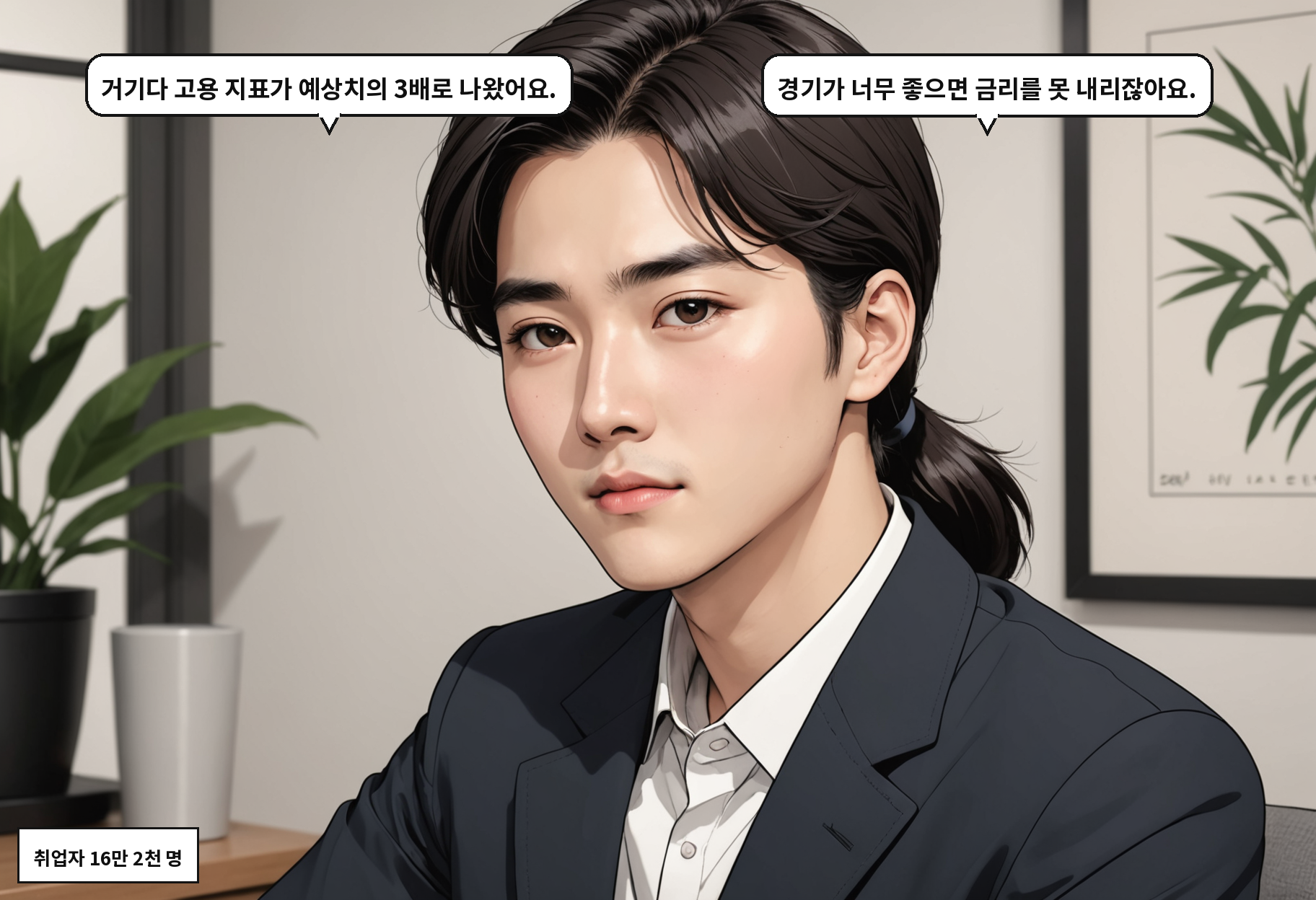 B: 거기다 고용 지표가 예상치의 3배로 나왔어요. A: 경기가 너무 좋으면 금리를 못 내리잖아요.