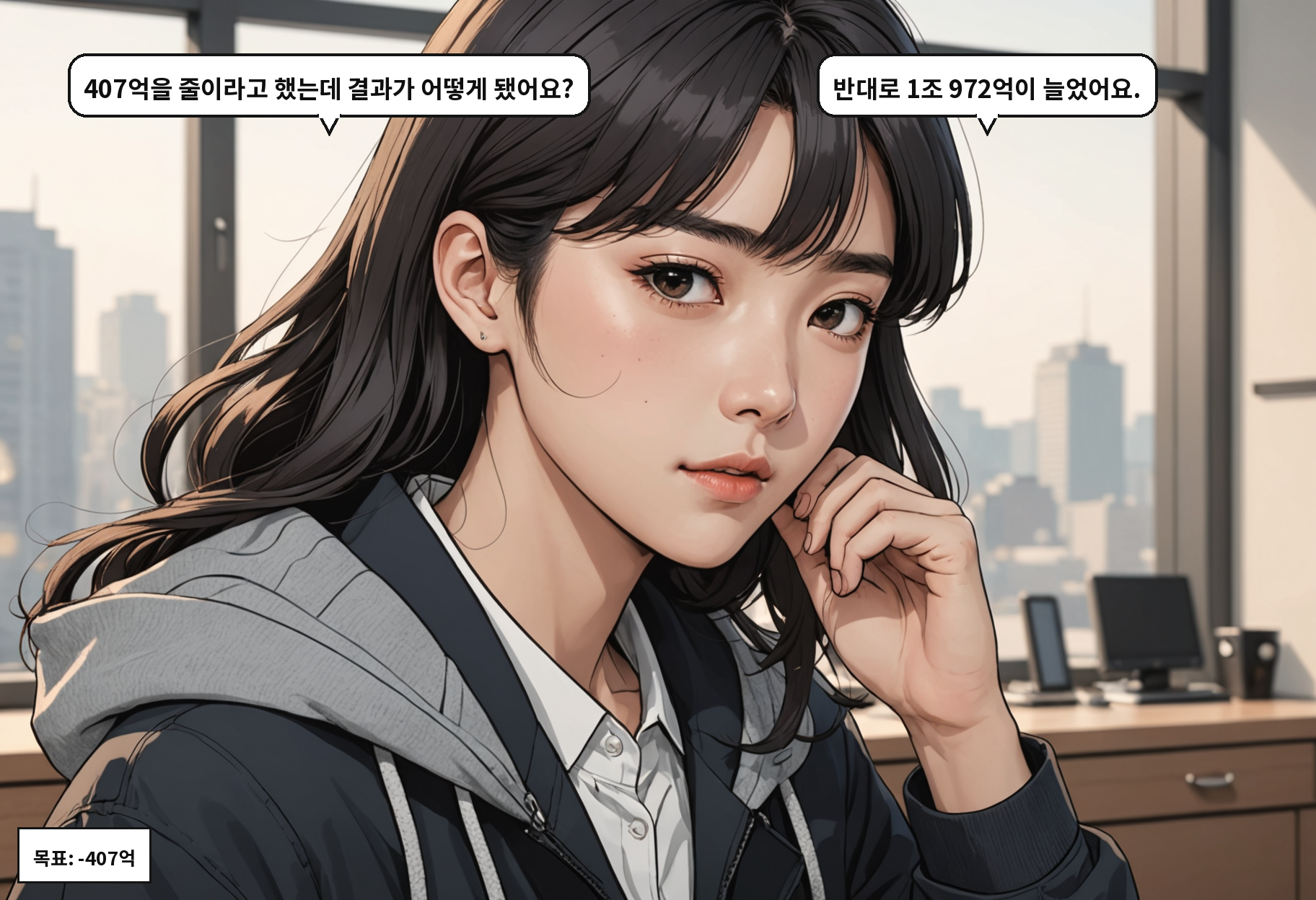 A: 407억을 줄이라고 했는데 결과가 어떻게 됐어요? B: 반대로 1조 972억이 늘었어요.