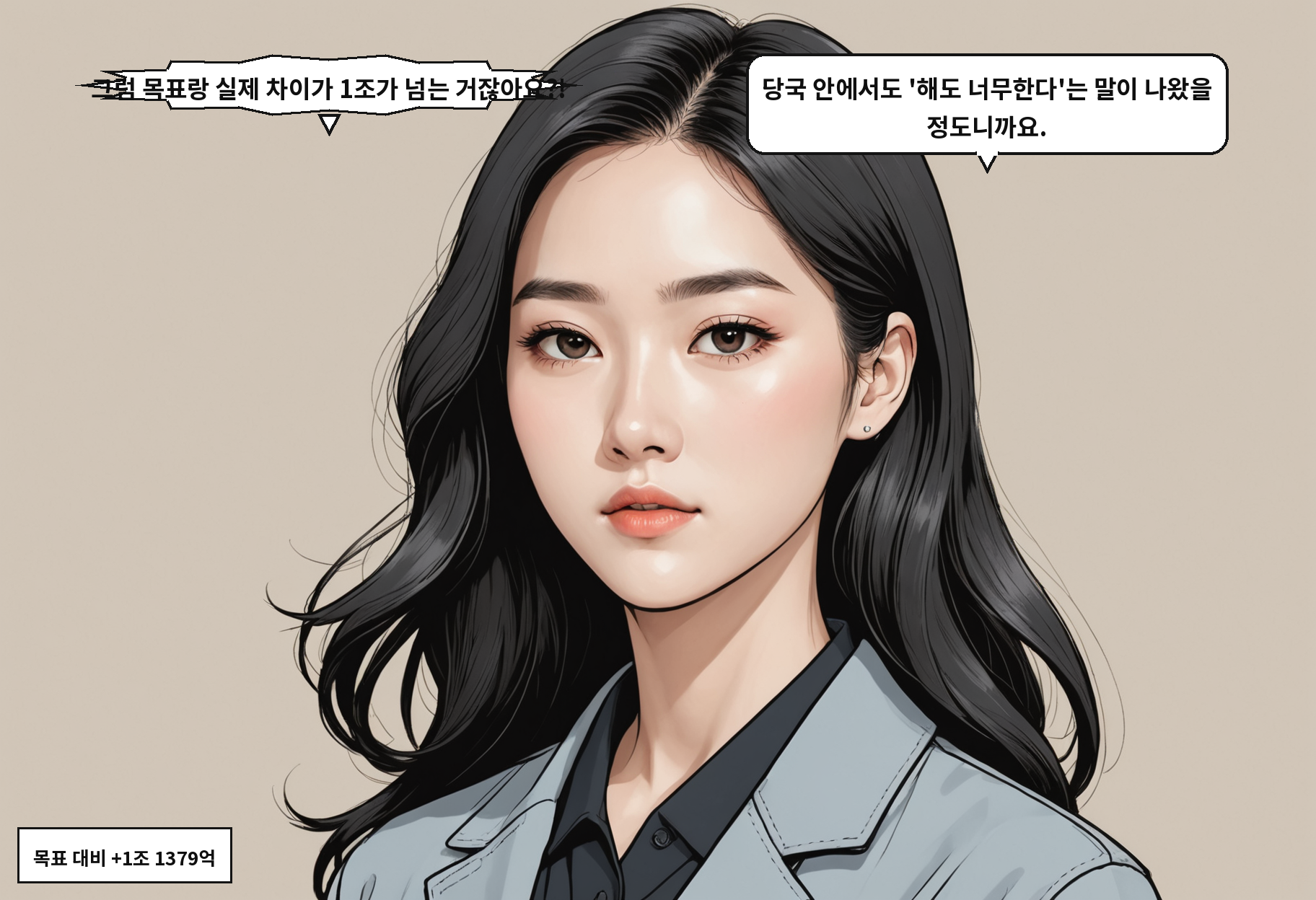 A: 그럼 목표랑 실제 차이가 1조가 넘는 거잖아요?! B: 당국 안에서도 '해도 너무한다'는 말이 나왔을 정도니까요.