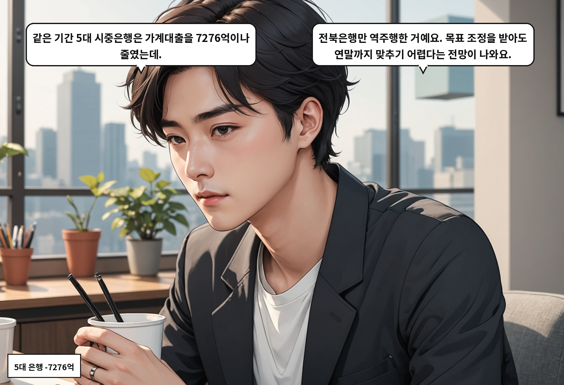 A: 같은 기간 5대 시중은행은 가계대출을 7276억이나 줄였는데. B: 전북은행만 역주행한 거예요. 목표 조정을 받아도 연말까지 맞추기 어렵다는 전망이 나와요.