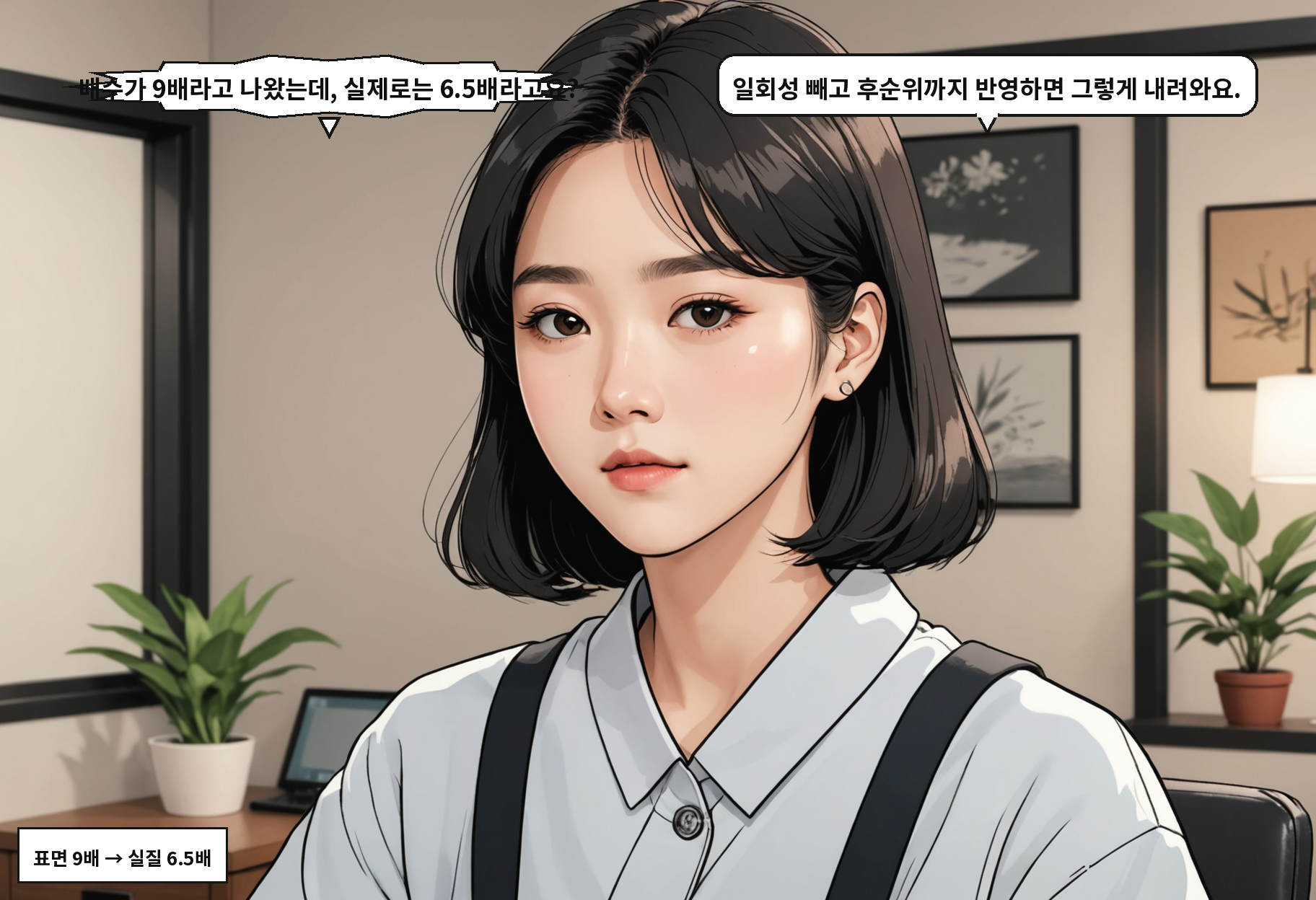 A: 배수가 9배라고 나왔는데, 실제로는 6.5배라고요? B: 일회성 빼고 후순위까지 반영하면 그렇게 내려와요.