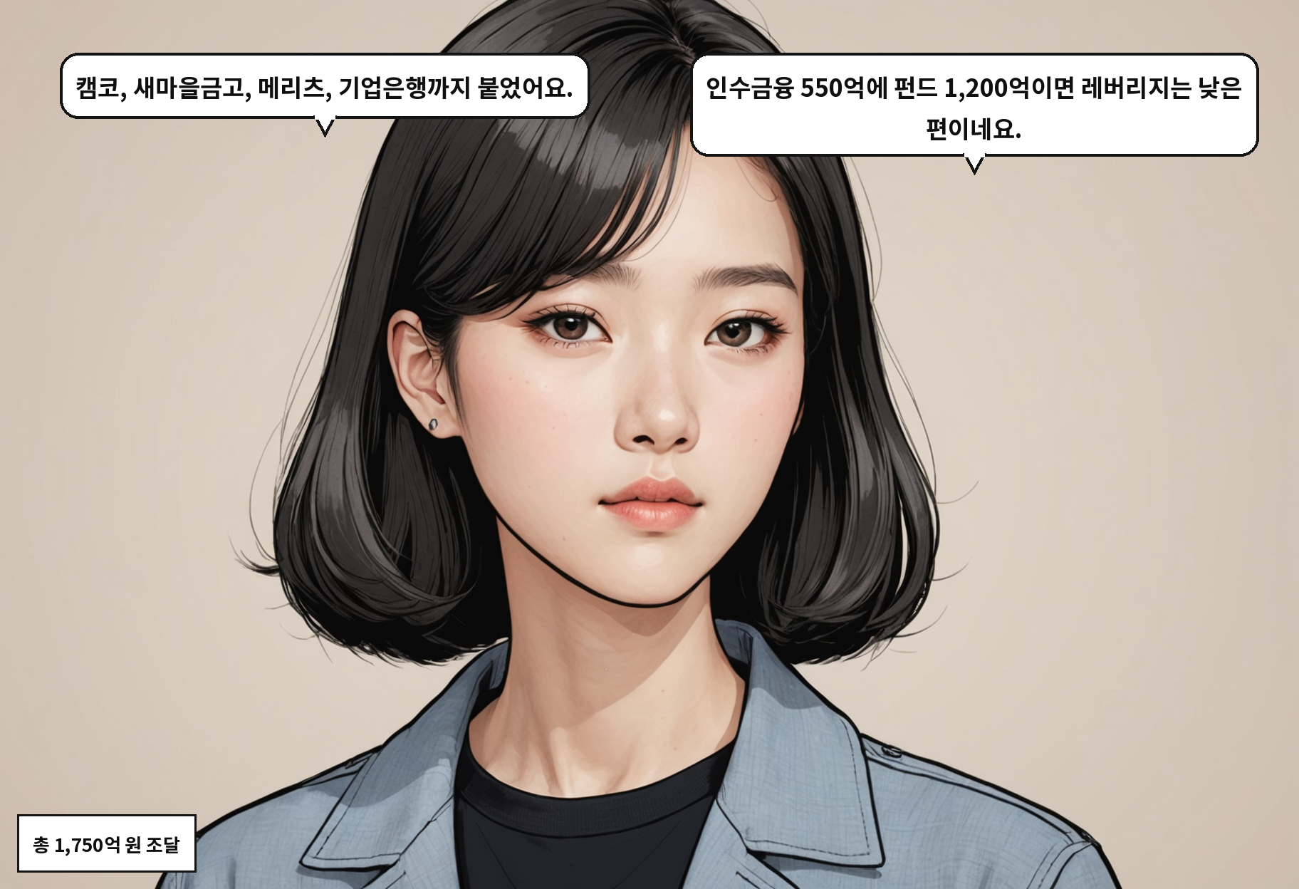 B: 캠코, 새마을금고, 메리츠, 기업은행까지 붙었어요. A: 인수금융 550억에 펀드 1,200억이면 레버리지는 낮은 편이네요.