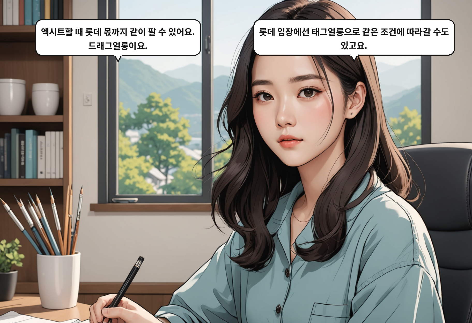 B: 엑시트할 때 롯데 몫까지 같이 팔 수 있어요. 드래그얼롱이요. A: 롯데 입장에선 태그얼롱으로 같은 조건에 따라갈 수도 있고요.