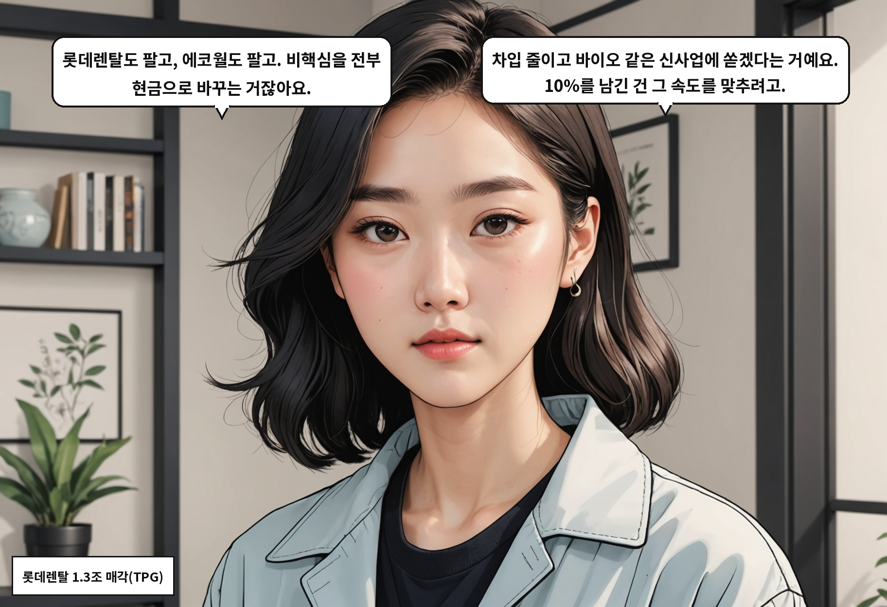 A: 롯데렌탈도 팔고, 에코월도 팔고. 비핵심을 전부 현금으로 바꾸는 거잖아요. B: 차입 줄이고 바이오 같은 신사업에 쏟겠다는 거예요. 10%를 남긴 건 그 속도를 맞추려고.