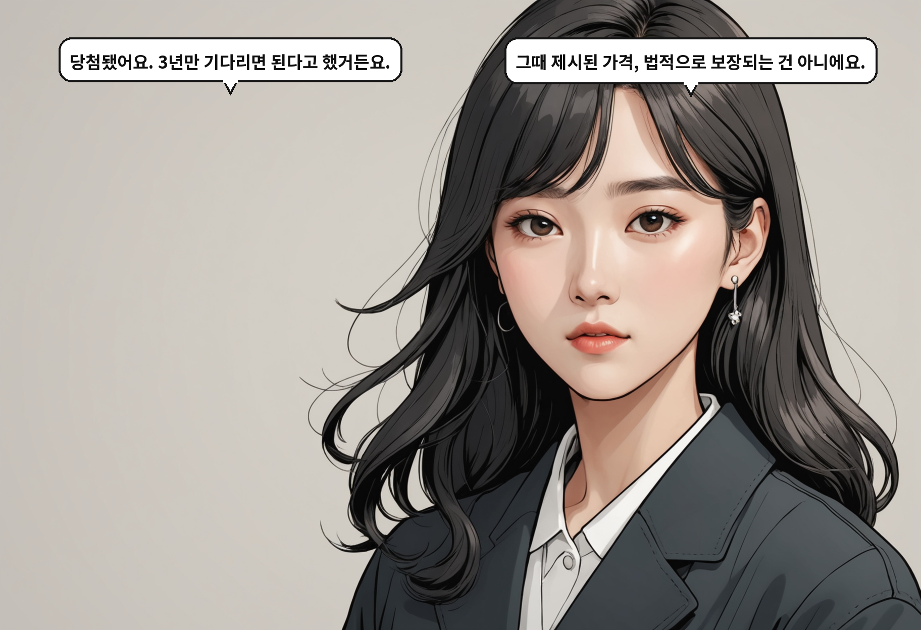 A: 당첨됐어요. 3년만 기다리면 된다고 했거든요. B: 그때 제시된 가격, 법적으로 보장되는 건 아니에요.