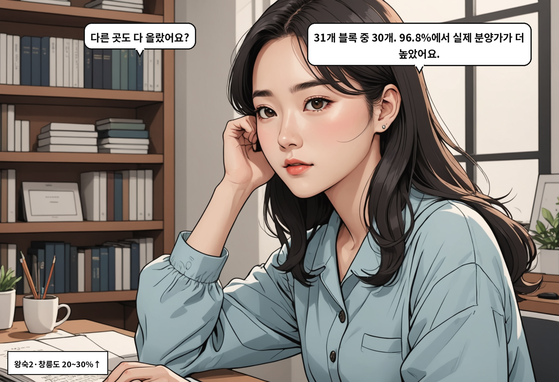 A: 다른 곳도 다 올랐어요? B: 31개 블록 중 30개. 96.8%에서 실제 분양가가 더 높았어요.
