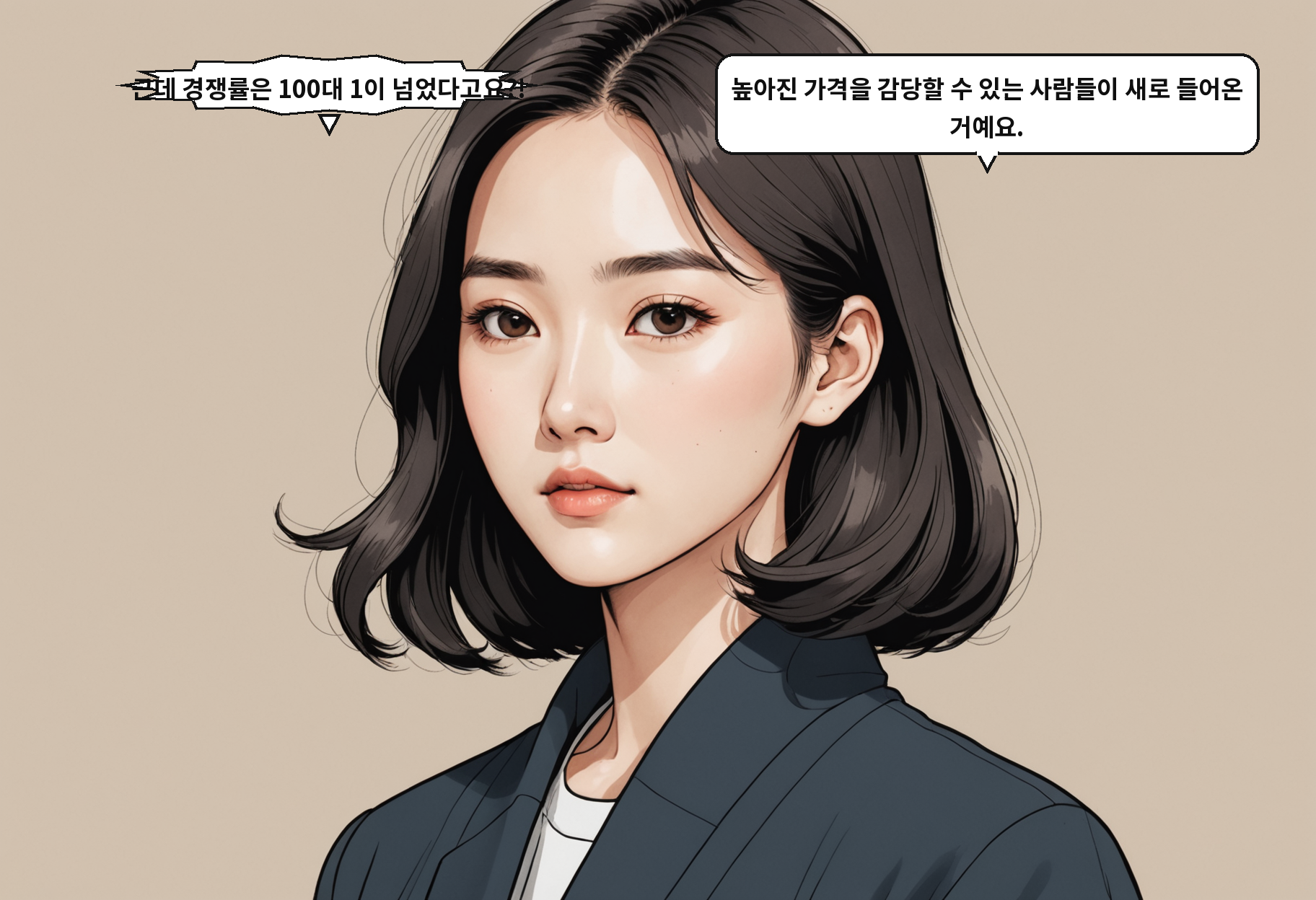A: 근데 경쟁률은 100대 1이 넘었다고요?! B: 높아진 가격을 감당할 수 있는 사람들이 새로 들어온 거예요.