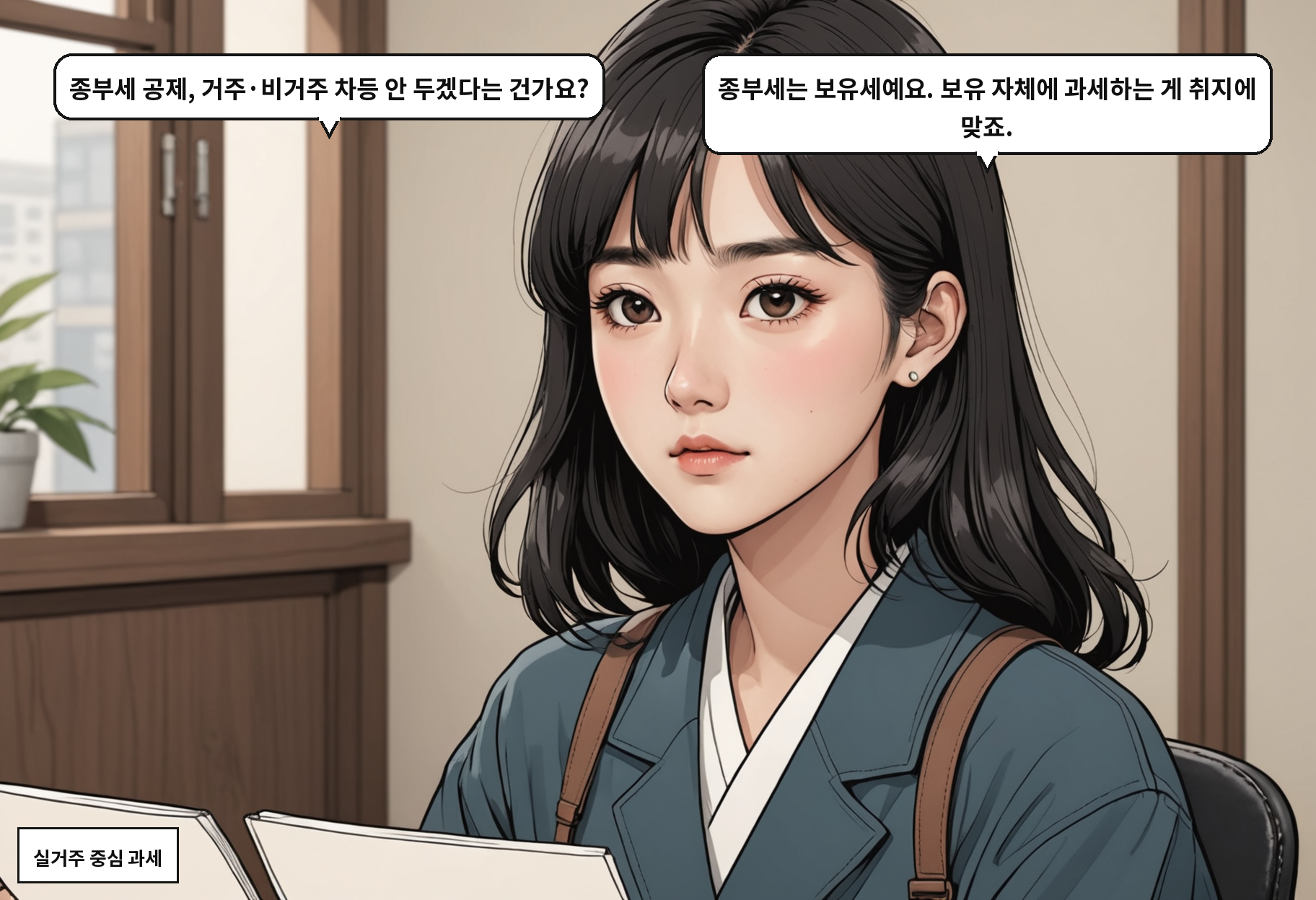 A: 종부세 공제, 거주·비거주 차등 안 두겠다는 건가요? B: 종부세는 보유세예요. 보유 자체에 과세하는 게 취지에 맞죠.