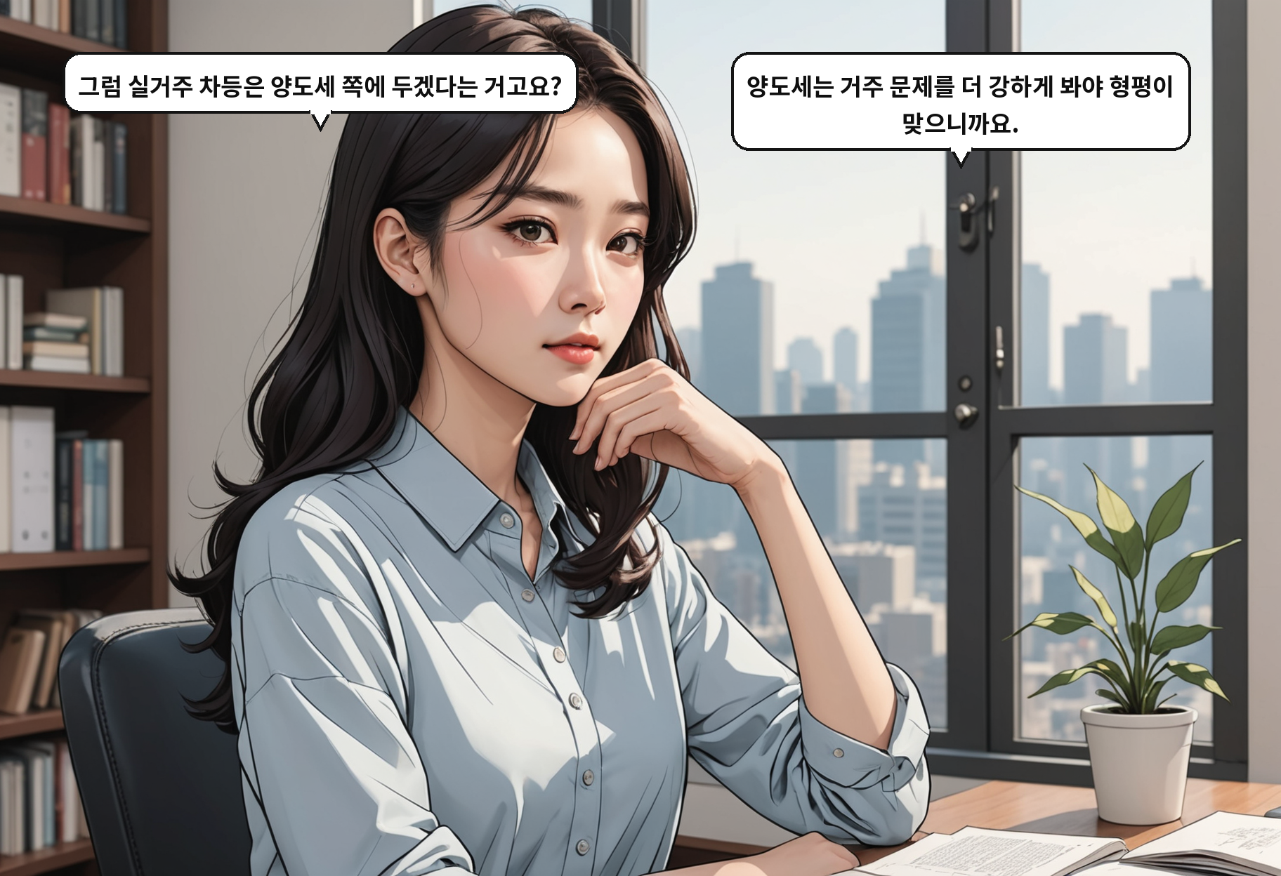 A: 그럼 실거주 차등은 양도세 쪽에 두겠다는 거고요? B: 양도세는 거주 문제를 더 강하게 봐야 형평이 맞으니까요.