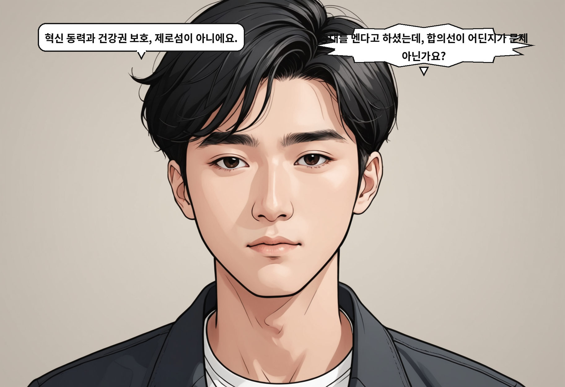 B: 혁신 동력과 건강권 보호, 제로섬이 아니에요. A: 총대를 멘다고 하셨는데, 합의선이 어딘지가 문제 아닌가요?