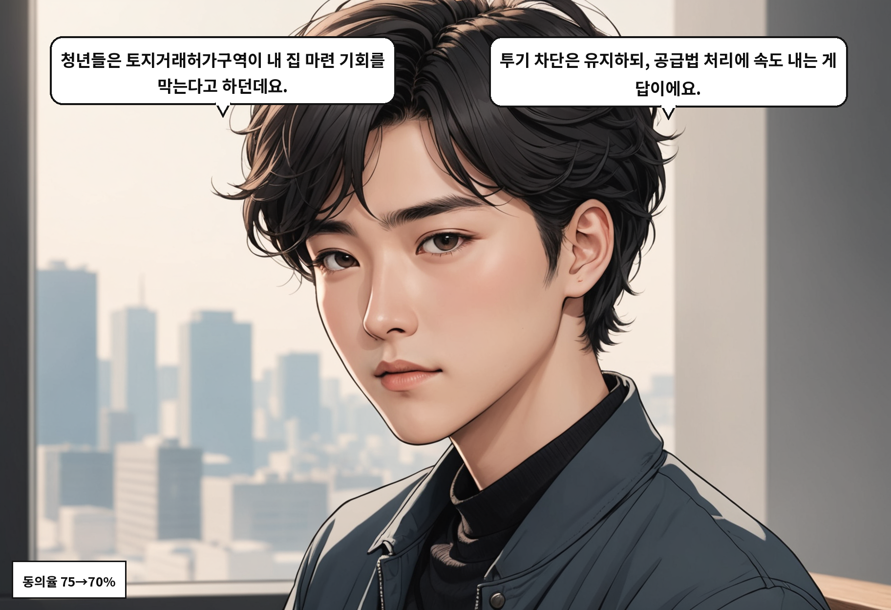 A: 청년들은 토지거래허가구역이 내 집 마련 기회를 막는다고 하던데요. B: 투기 차단은 유지하되, 공급법 처리에 속도 내는 게 답이에요.