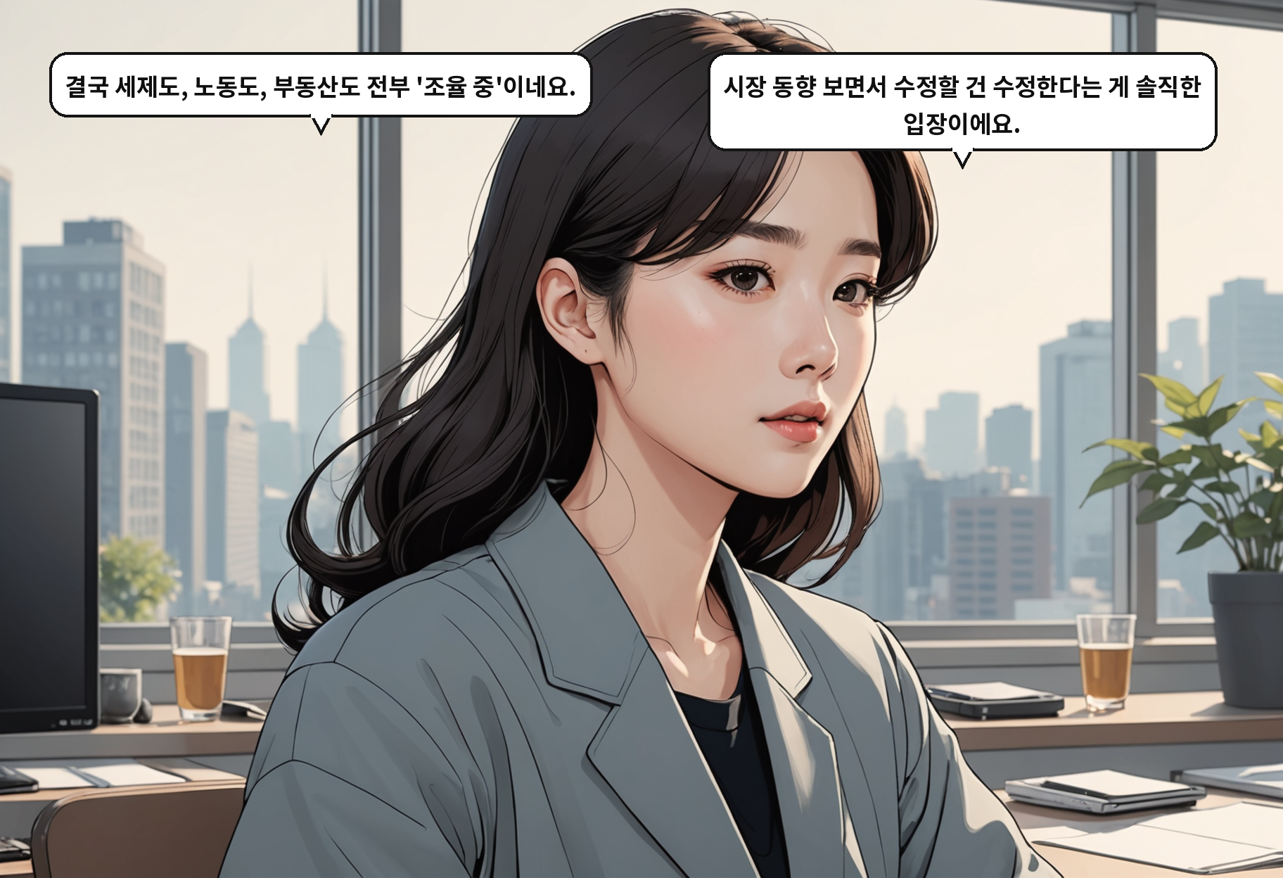 A: 결국 세제도, 노동도, 부동산도 전부 '조율 중'이네요. B: 시장 동향 보면서 수정할 건 수정한다는 게 솔직한 입장이에요.
