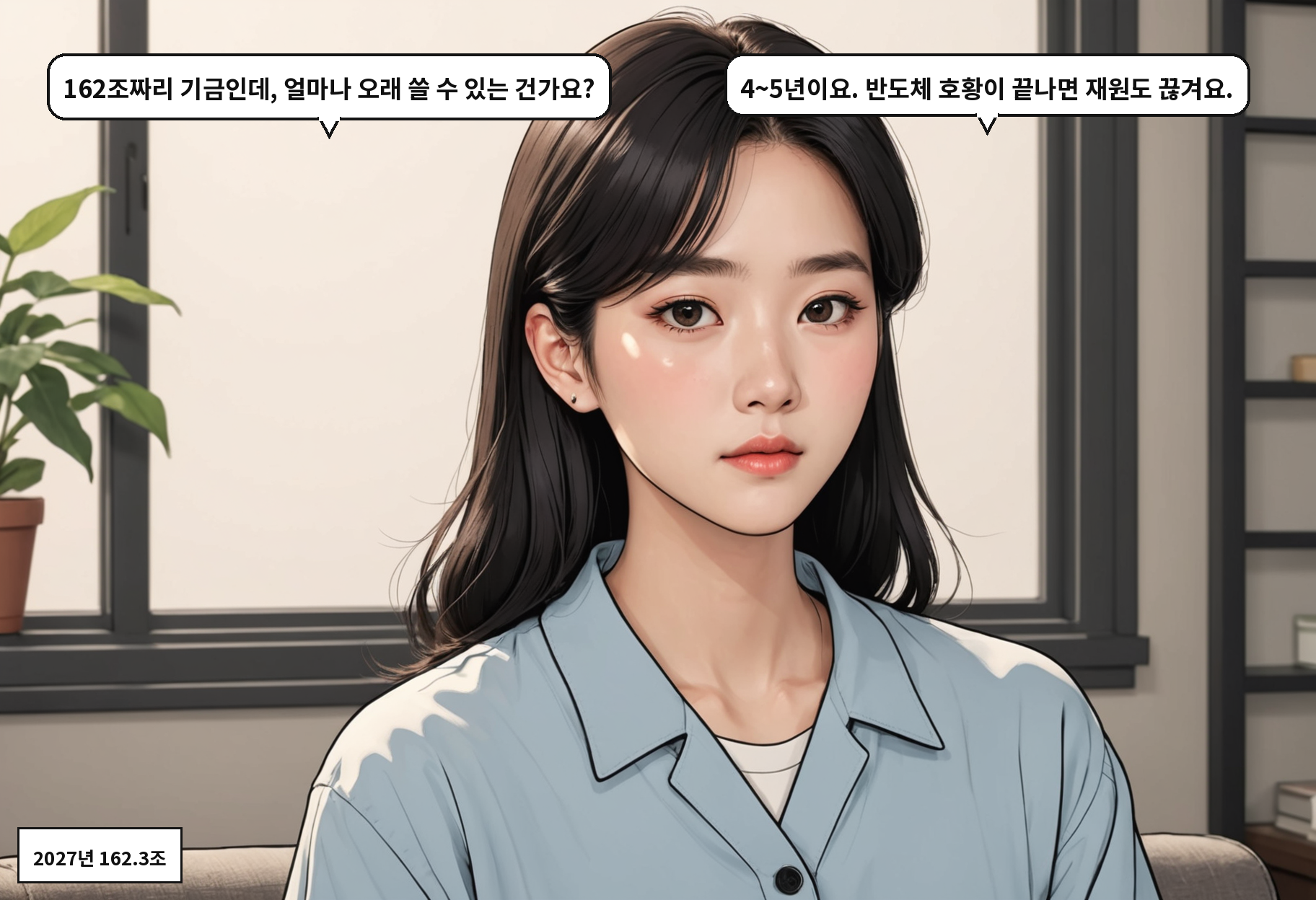 B: 162조짜리 기금인데, 얼마나 오래 쓸 수 있는 건가요? A: 4~5년이요. 반도체 호황이 끝나면 재원도 끊겨요.