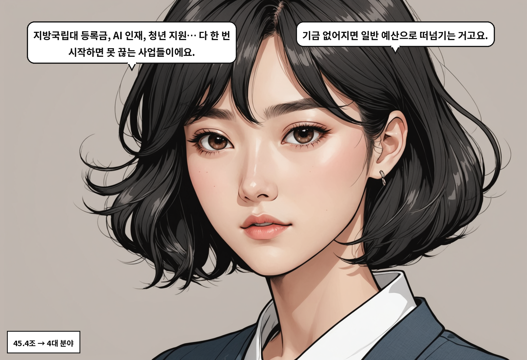 A: 지방국립대 등록금, AI 인재, 청년 지원… 다 한 번 시작하면 못 끊는 사업들이에요. B: 기금 없어지면 일반 예산으로 떠넘기는 거고요.