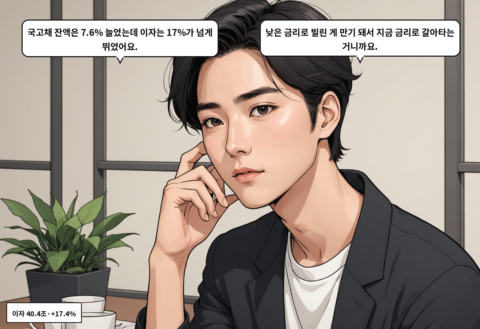 B: 국고채 잔액은 7.6% 늘었는데 이자는 17%가 넘게 뛰었어요. A: 낮은 금리로 빌린 게 만기 돼서 지금 금리로 갈아타는 거니까요.