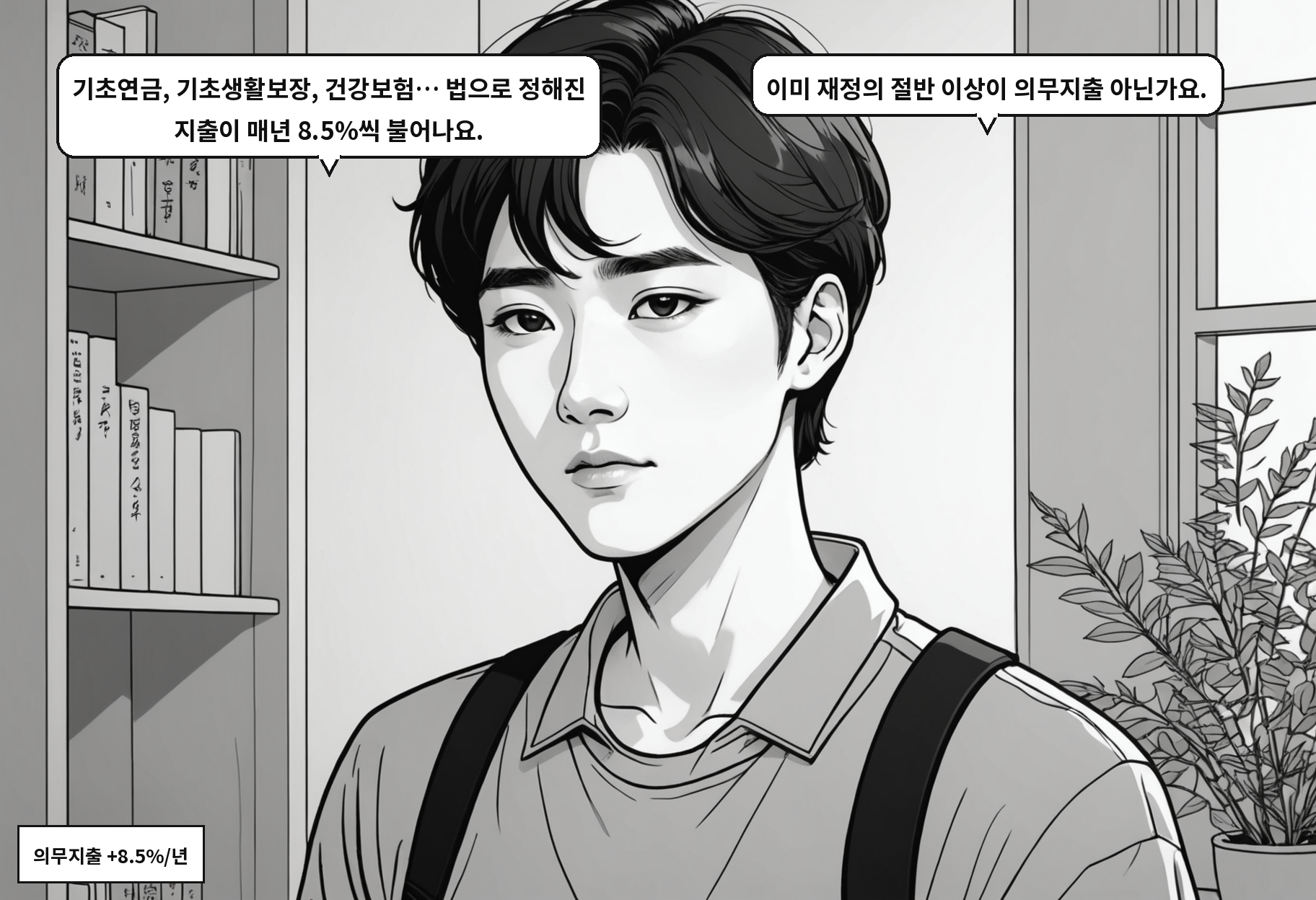 A: 기초연금, 기초생활보장, 건강보험… 법으로 정해진 지출이 매년 8.5%씩 불어나요. B: 이미 재정의 절반 이상이 의무지출 아닌가요.