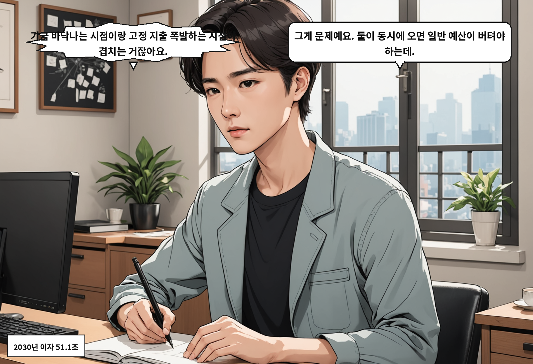 B: 기금 바닥나는 시점이랑 고정 지출 폭발하는 시점이 겹치는 거잖아요. A: 그게 문제예요. 둘이 동시에 오면 일반 예산이 버텨야 하는데.
