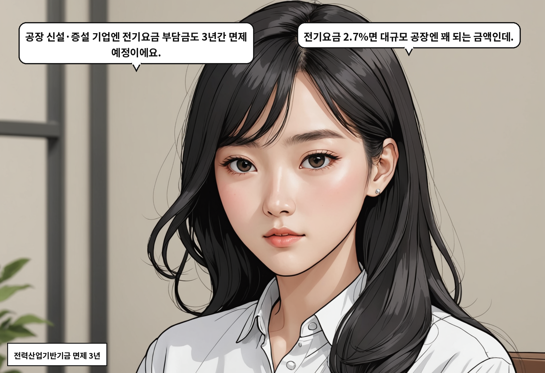 A: 공장 신설·증설 기업엔 전기요금 부담금도 3년간 면제 예정이에요. B: 전기요금 2.7%면 대규모 공장엔 꽤 되는 금액인데.