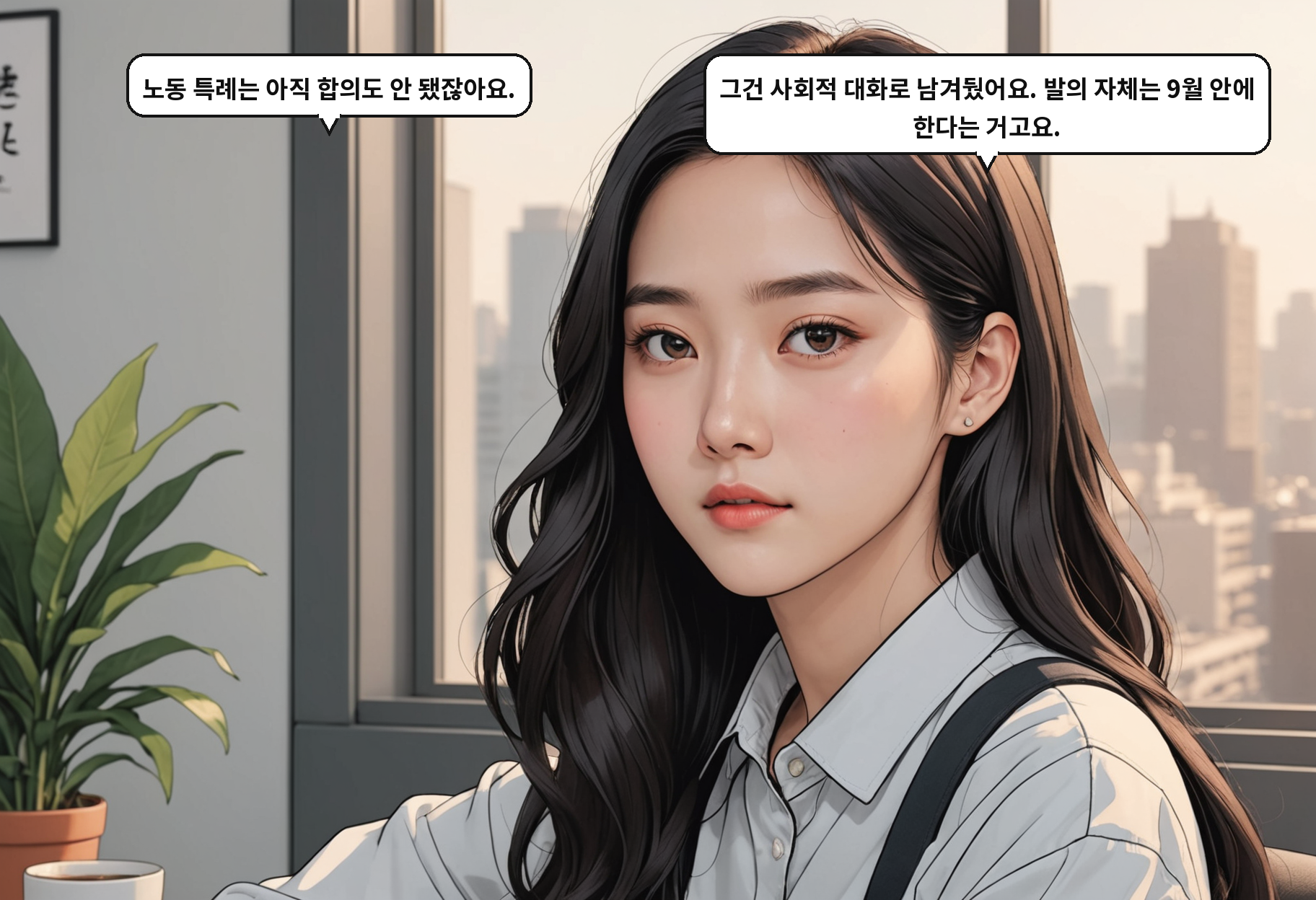 B: 노동 특례는 아직 합의도 안 됐잖아요. A: 그건 사회적 대화로 남겨뒀어요. 발의 자체는 9월 안에 한다는 거고요.