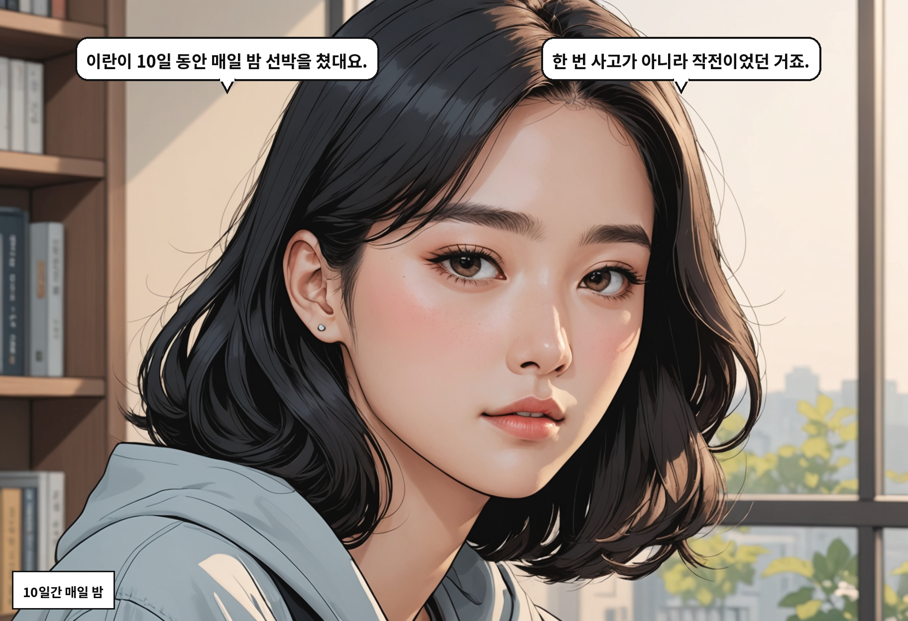 A: 이란이 10일 동안 매일 밤 선박을 쳤대요. B: 한 번 사고가 아니라 작전이었던 거죠.