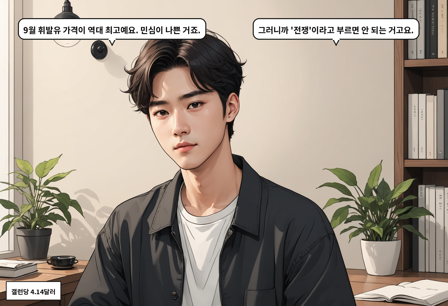 B: 9월 휘발유 가격이 역대 최고예요. 민심이 나쁜 거죠. A: 그러니까 '전쟁'이라고 부르면 안 되는 거고요.