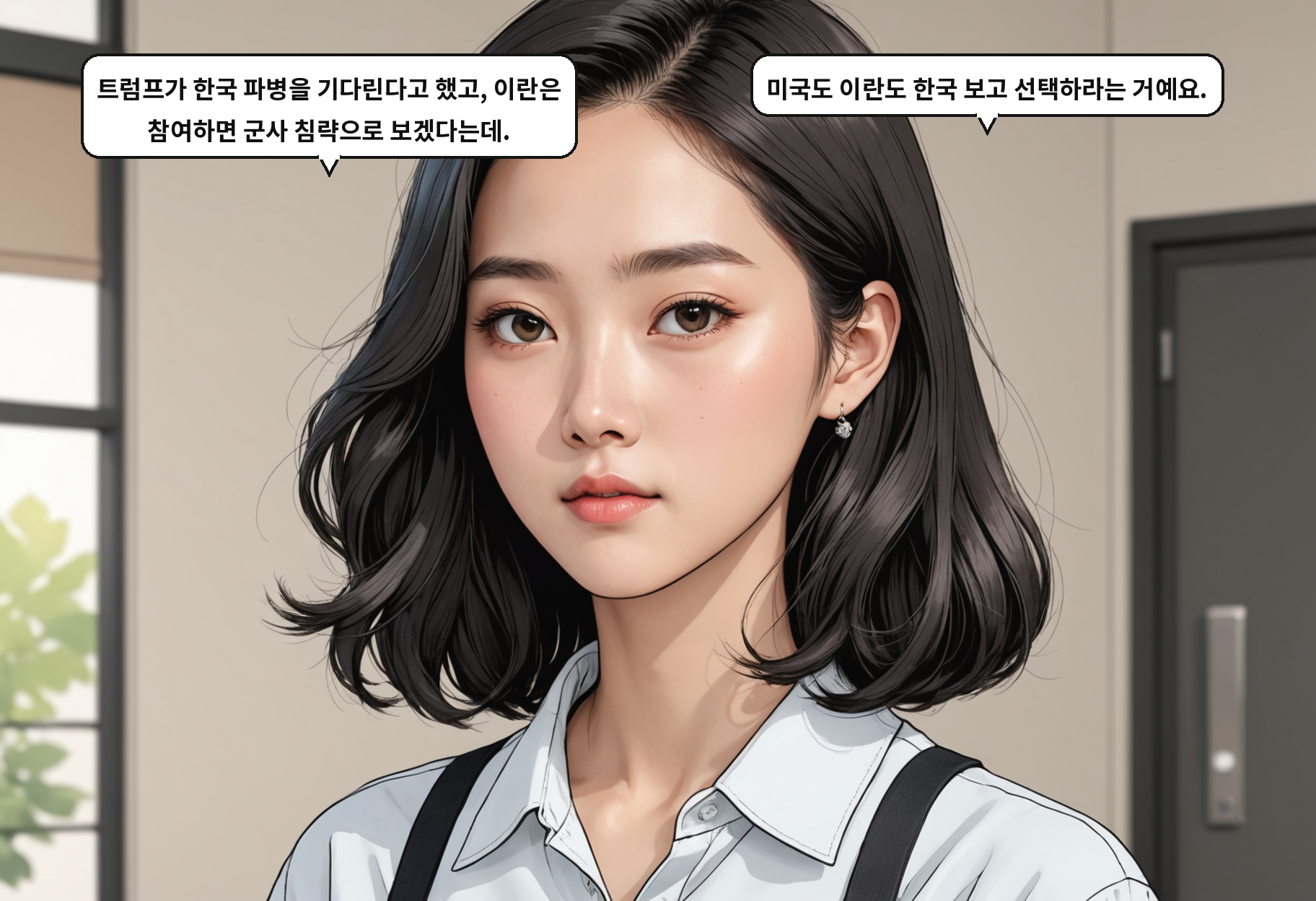 A: 트럼프가 한국 파병을 기다린다고 했고, 이란은 참여하면 군사 침략으로 보겠다는데. B: 미국도 이란도 한국 보고 선택하라는 거예요.