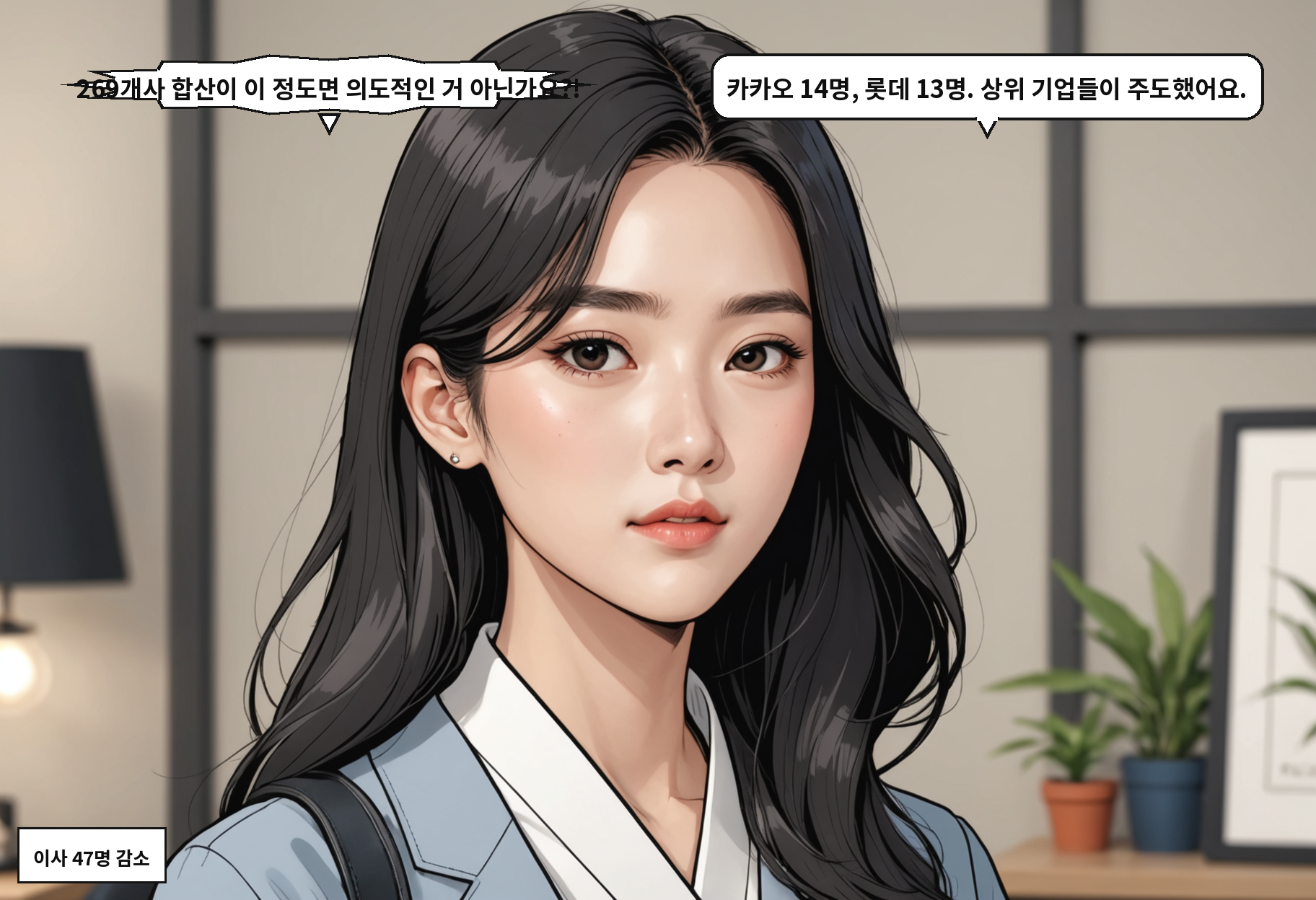 A: 269개사 합산이 이 정도면 의도적인 거 아닌가요?! B: 카카오 14명, 롯데 13명. 상위 기업들이 주도했어요.