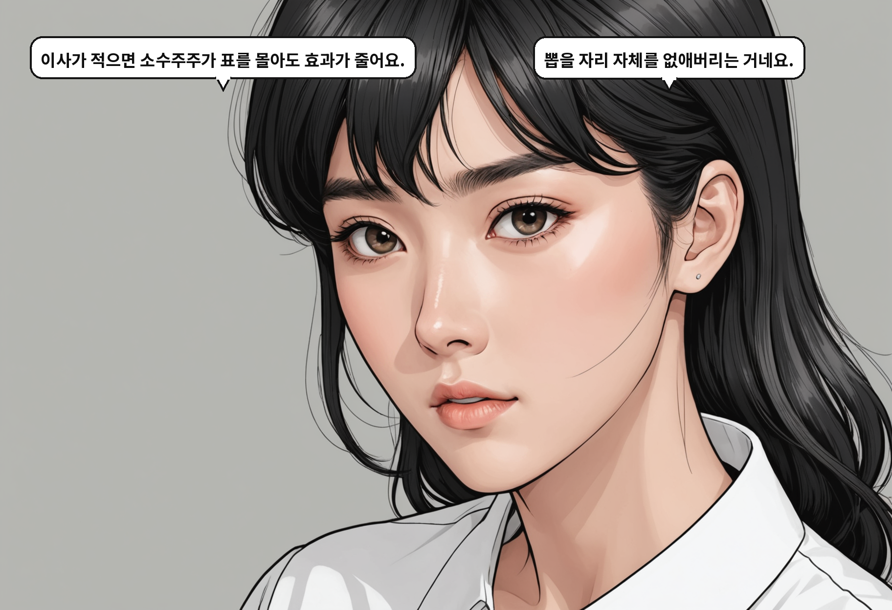 B: 이사가 적으면 소수주주가 표를 몰아도 효과가 줄어요. A: 뽑을 자리 자체를 없애버리는 거네요.
