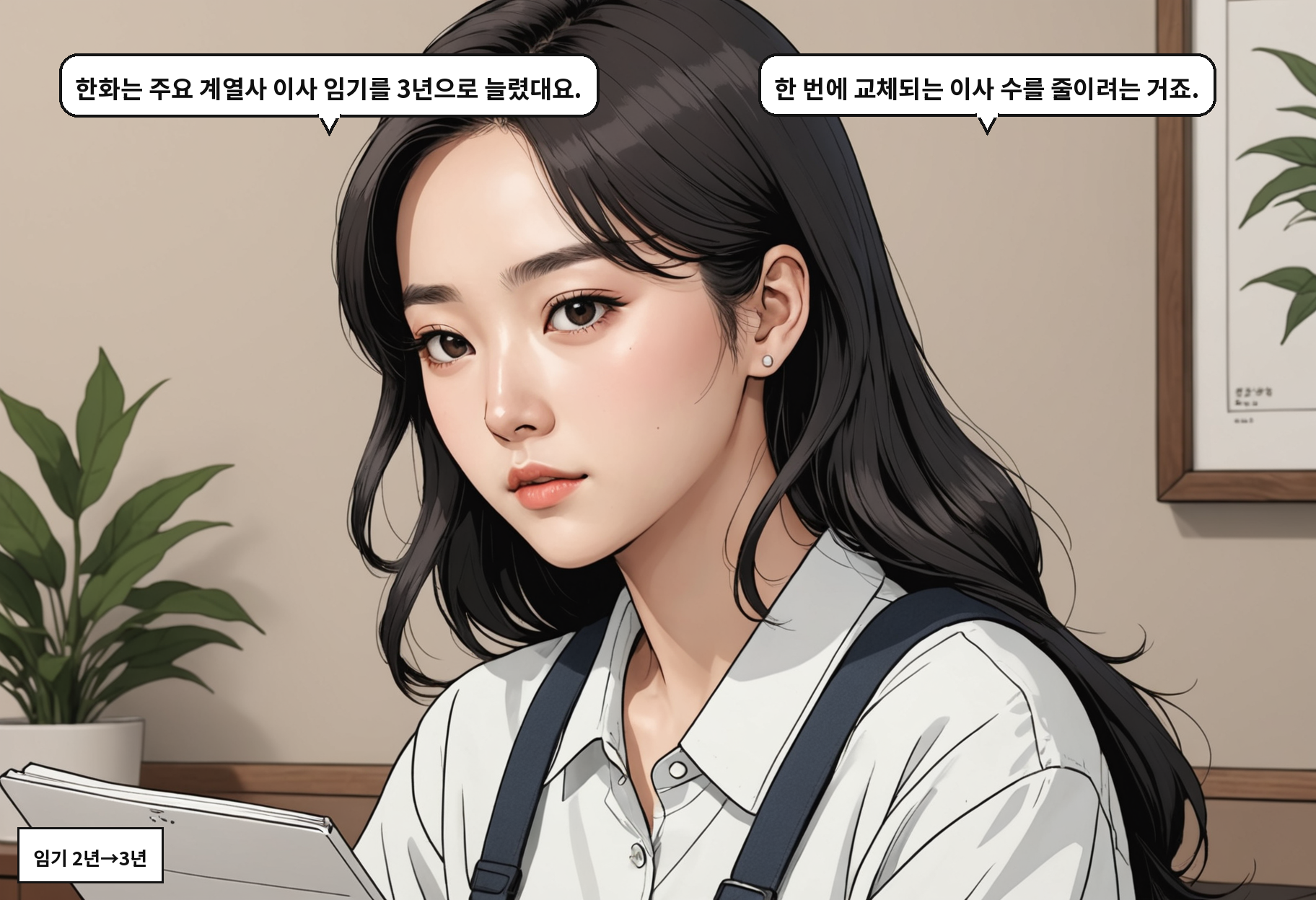A: 한화는 주요 계열사 이사 임기를 3년으로 늘렸대요. B: 한 번에 교체되는 이사 수를 줄이려는 거죠.