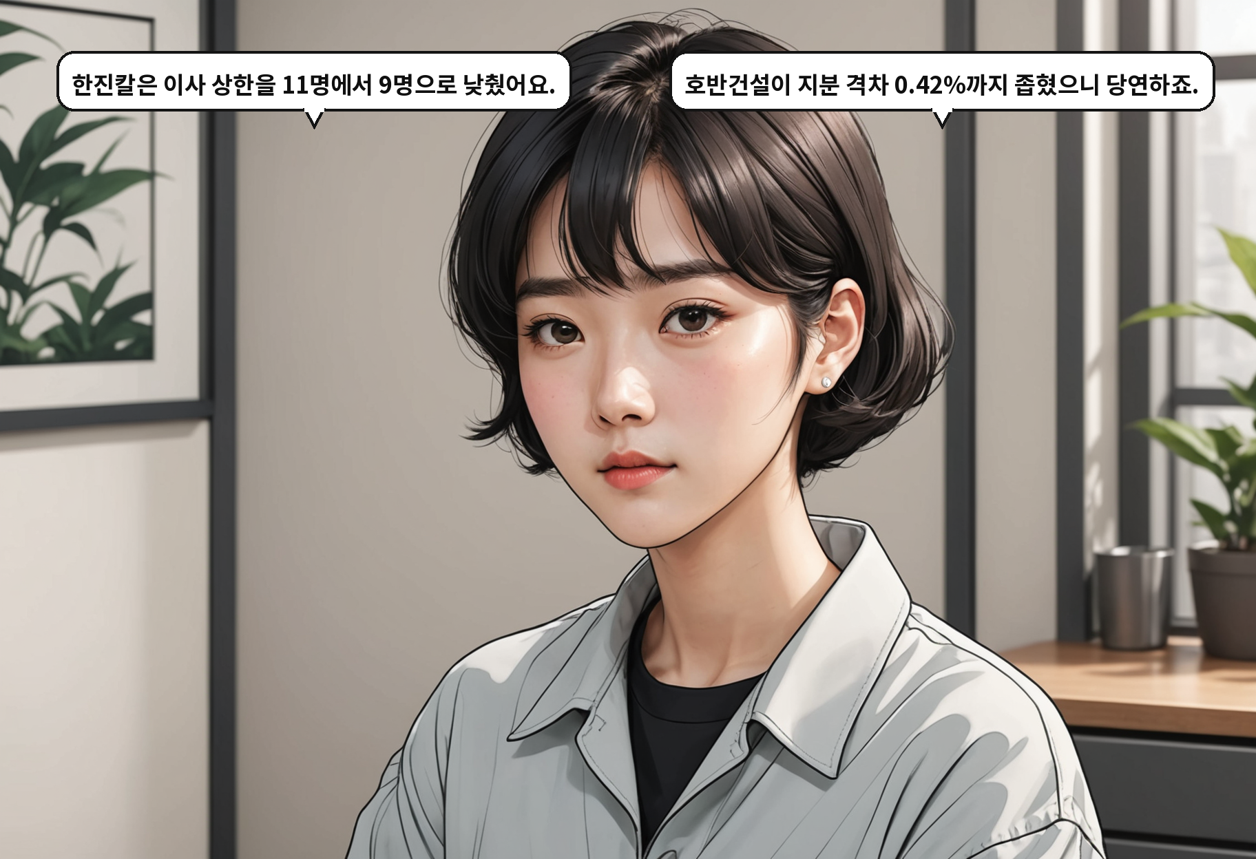 B: 한진칼은 이사 상한을 11명에서 9명으로 낮췄어요. A: 호반건설이 지분 격차 0.42%까지 좁혔으니 당연하죠.