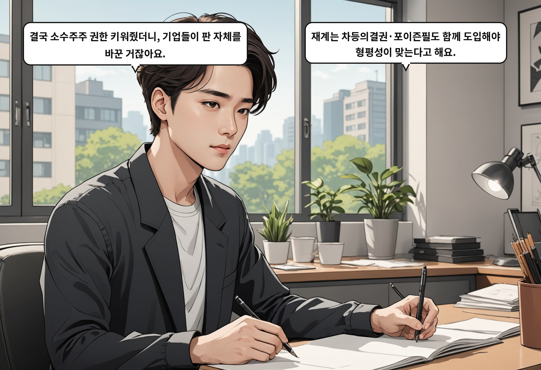 A: 결국 소수주주 권한 키워줬더니, 기업들이 판 자체를 바꾼 거잖아요. B: 재계는 차등의결권·포이즌필도 함께 도입해야 형평성이 맞는다고 해요.