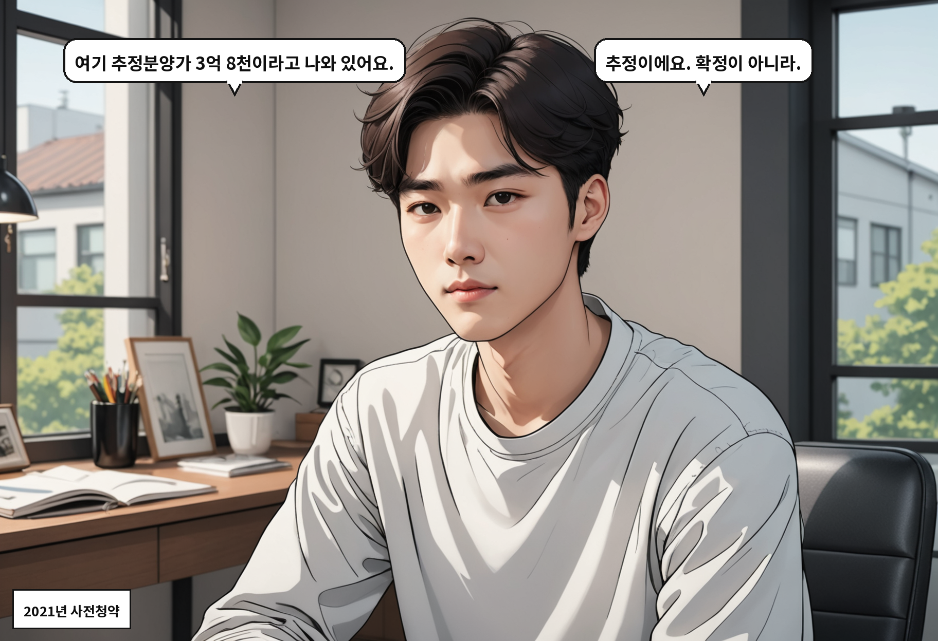 A: 여기 추정분양가 3억 8천이라고 나와 있어요. B: 추정이에요. 확정이 아니라.