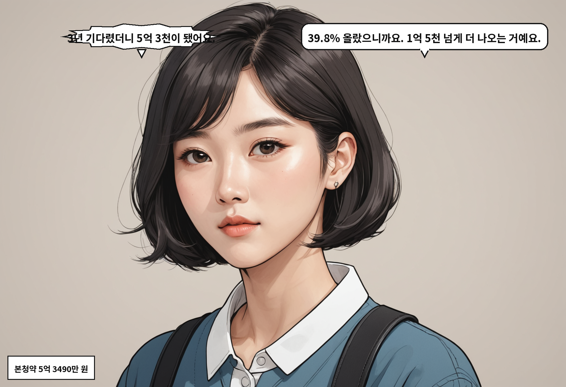 A: 3년 기다렸더니 5억 3천이 됐어요. B: 39.8% 올랐으니까요. 1억 5천 넘게 더 나오는 거예요.