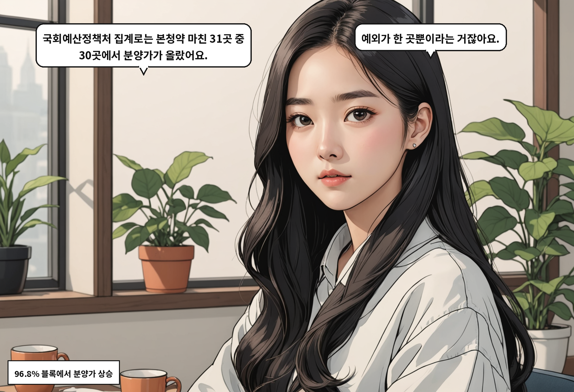 B: 국회예산정책처 집계로는 본청약 마친 31곳 중 30곳에서 분양가가 올랐어요. A: 예외가 한 곳뿐이라는 거잖아요.