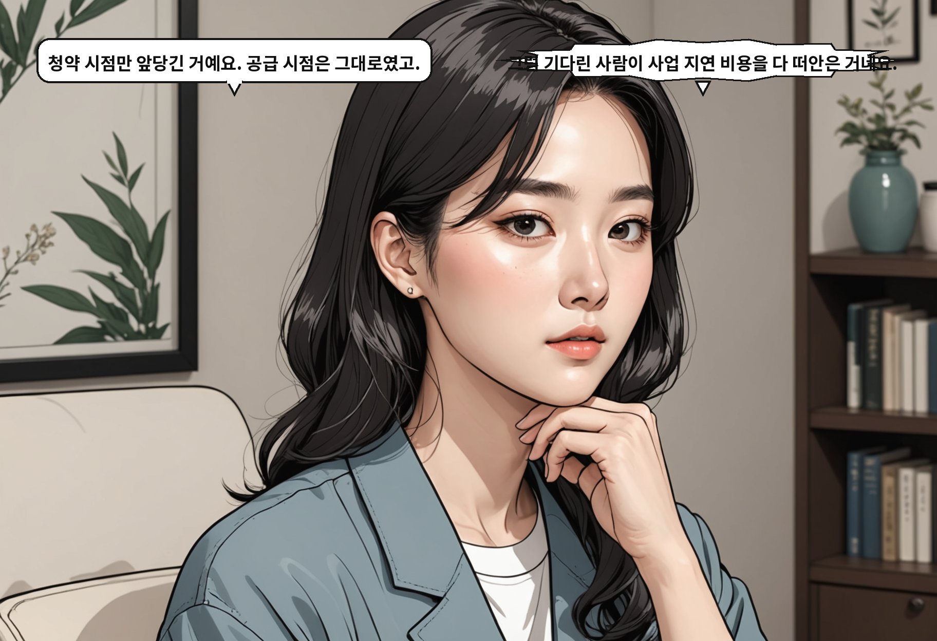 B: 청약 시점만 앞당긴 거예요. 공급 시점은 그대로였고. A: 그럼 기다린 사람이 사업 지연 비용을 다 떠안은 거네요.