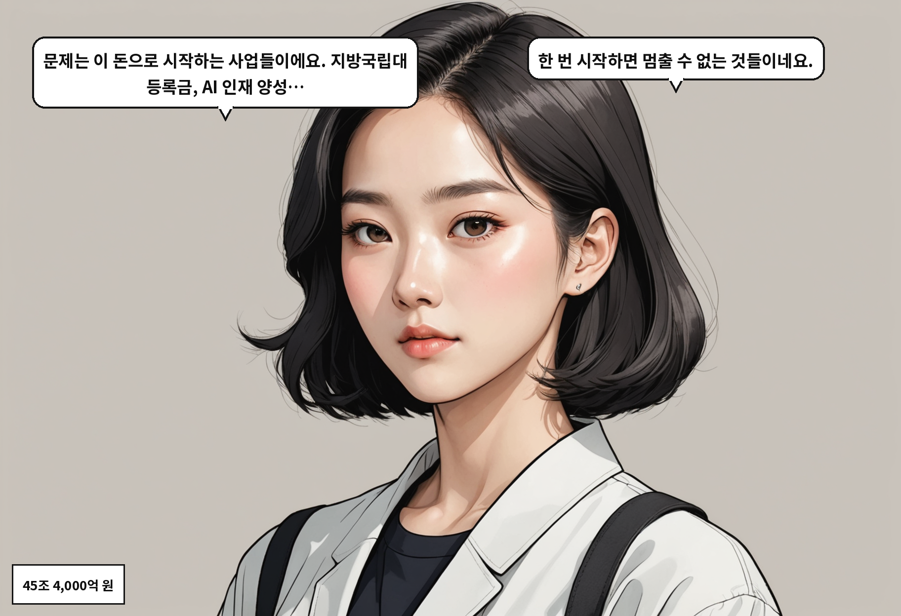B: 문제는 이 돈으로 시작하는 사업들이에요. 지방국립대 등록금, AI 인재 양성… A: 한 번 시작하면 멈출 수 없는 것들이네요.
