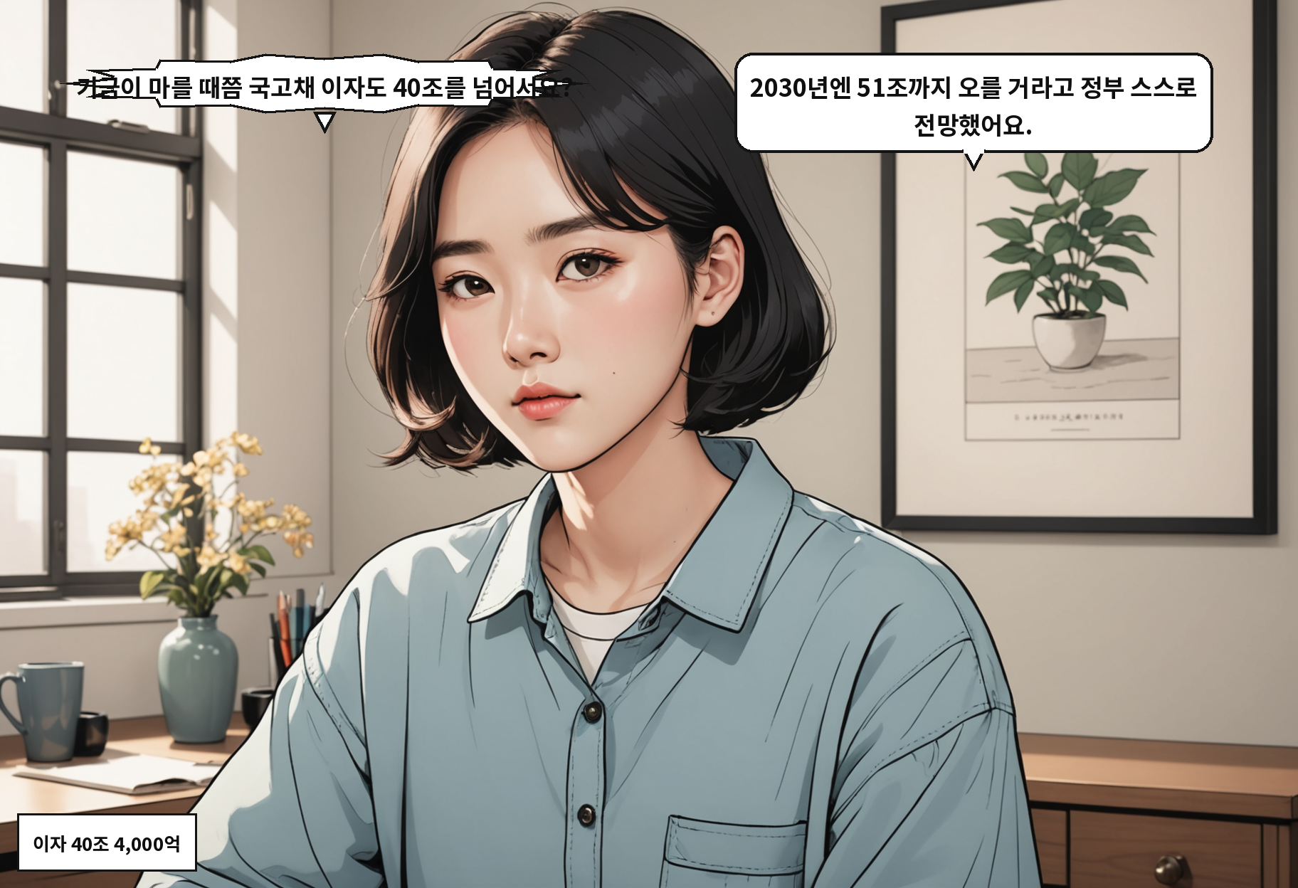 A: 기금이 마를 때쯤 국고채 이자도 40조를 넘어서요? B: 2030년엔 51조까지 오를 거라고 정부 스스로 전망했어요.