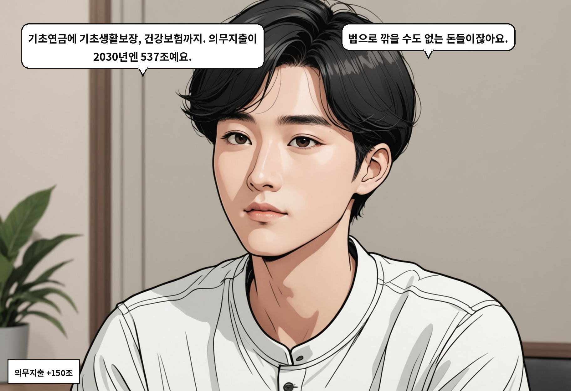 B: 기초연금에 기초생활보장, 건강보험까지. 의무지출이 2030년엔 537조예요. A: 법으로 깎을 수도 없는 돈들이잖아요.
